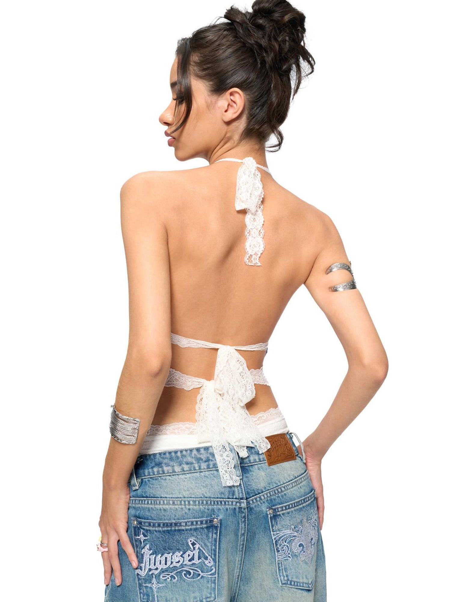 JYOSEI Blue Stripe V-Neck Lace Back Tie Crop Top