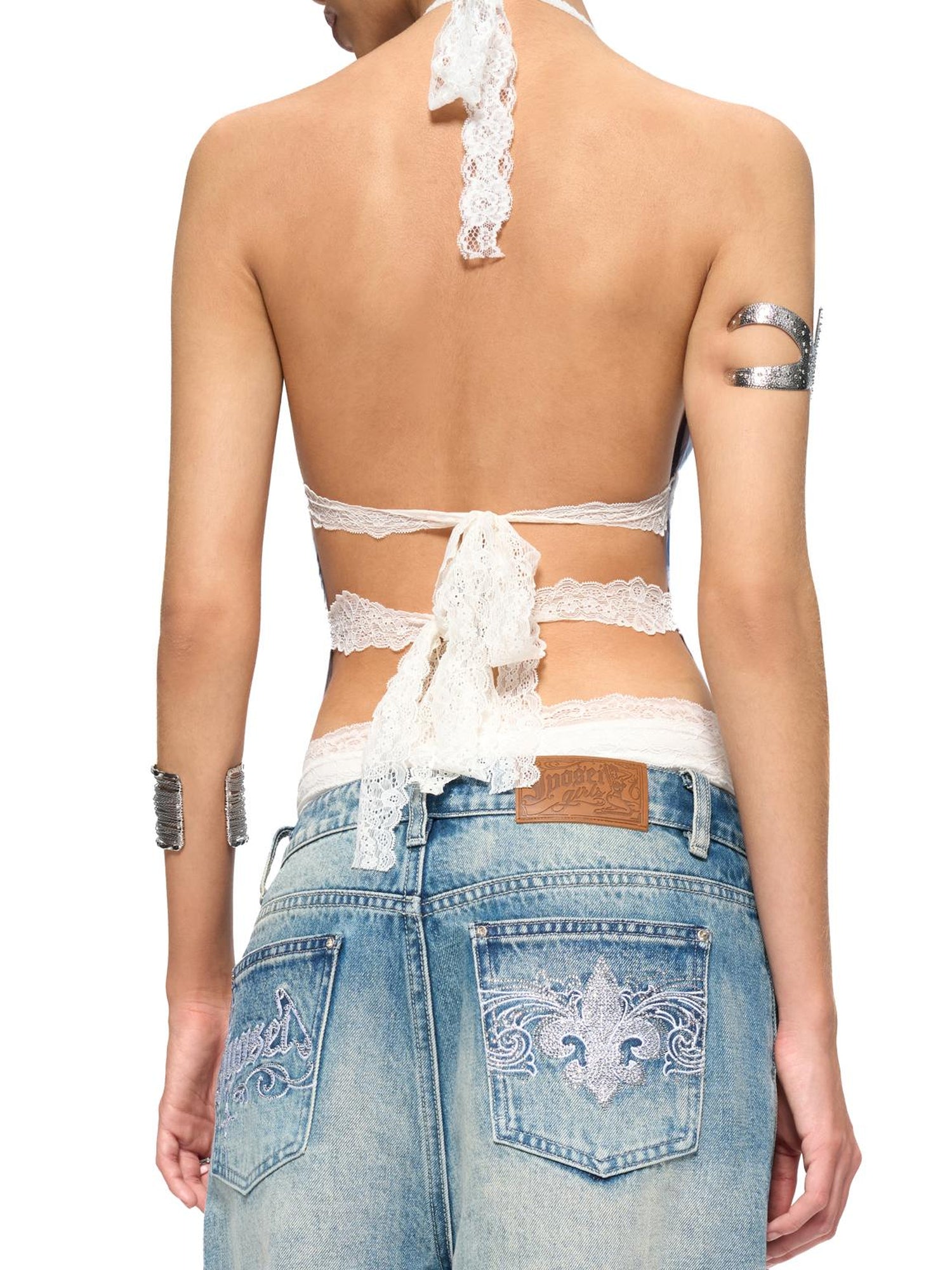 JYOSEI Blue Stripe V-Neck Lace Back Tie Crop Top