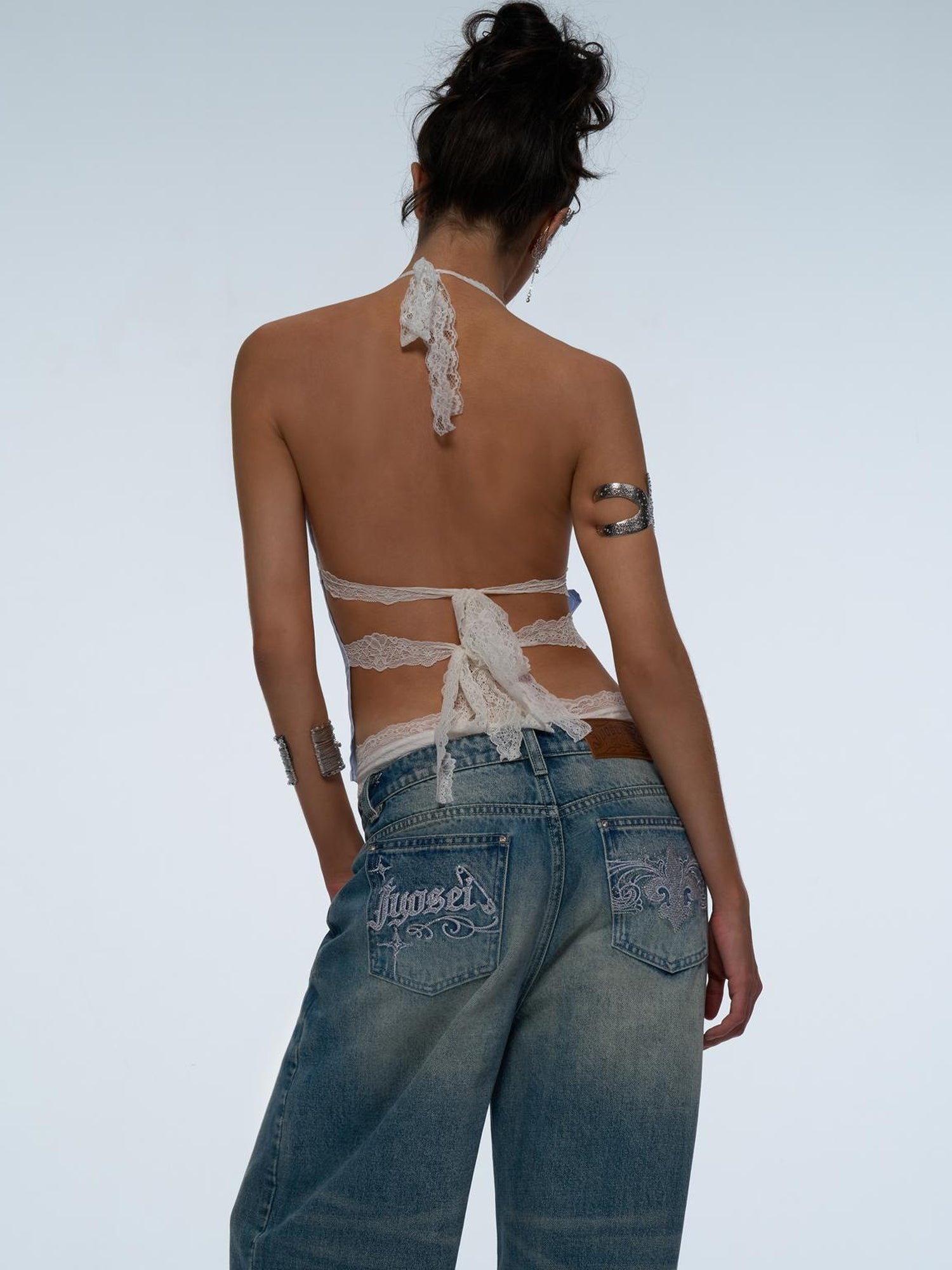 JYOSEI Blue Stripe V-Neck Lace Back Tie Crop Top