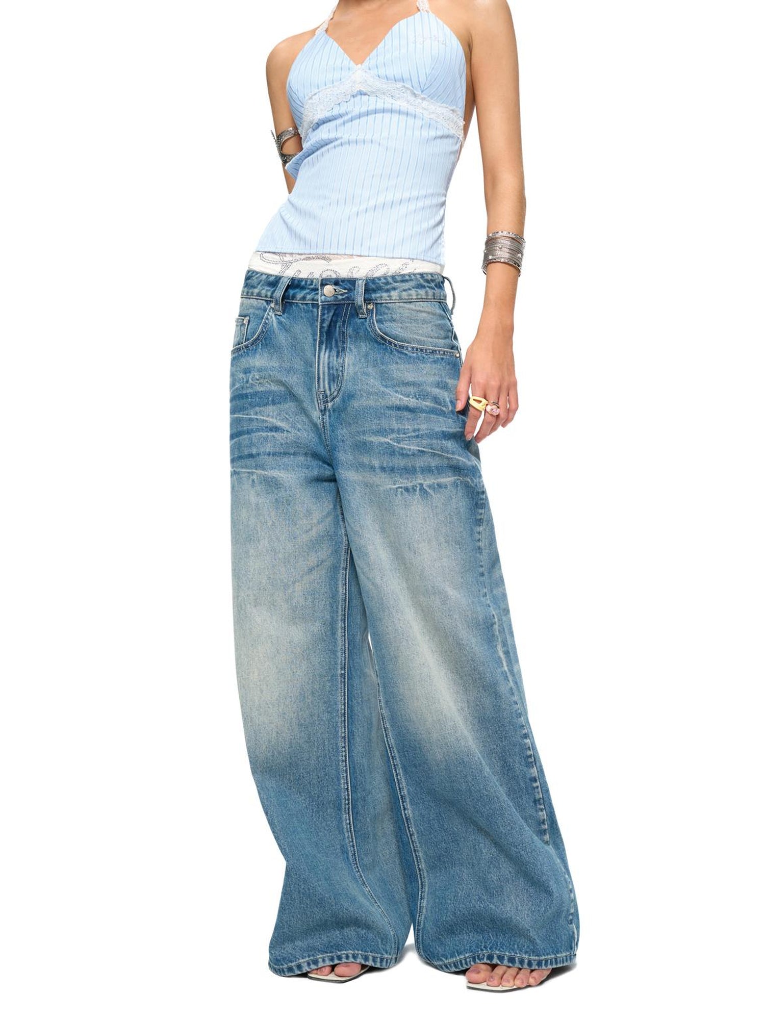 JYOSEI Blue Stripe V-Neck Lace Back Tie Crop Top