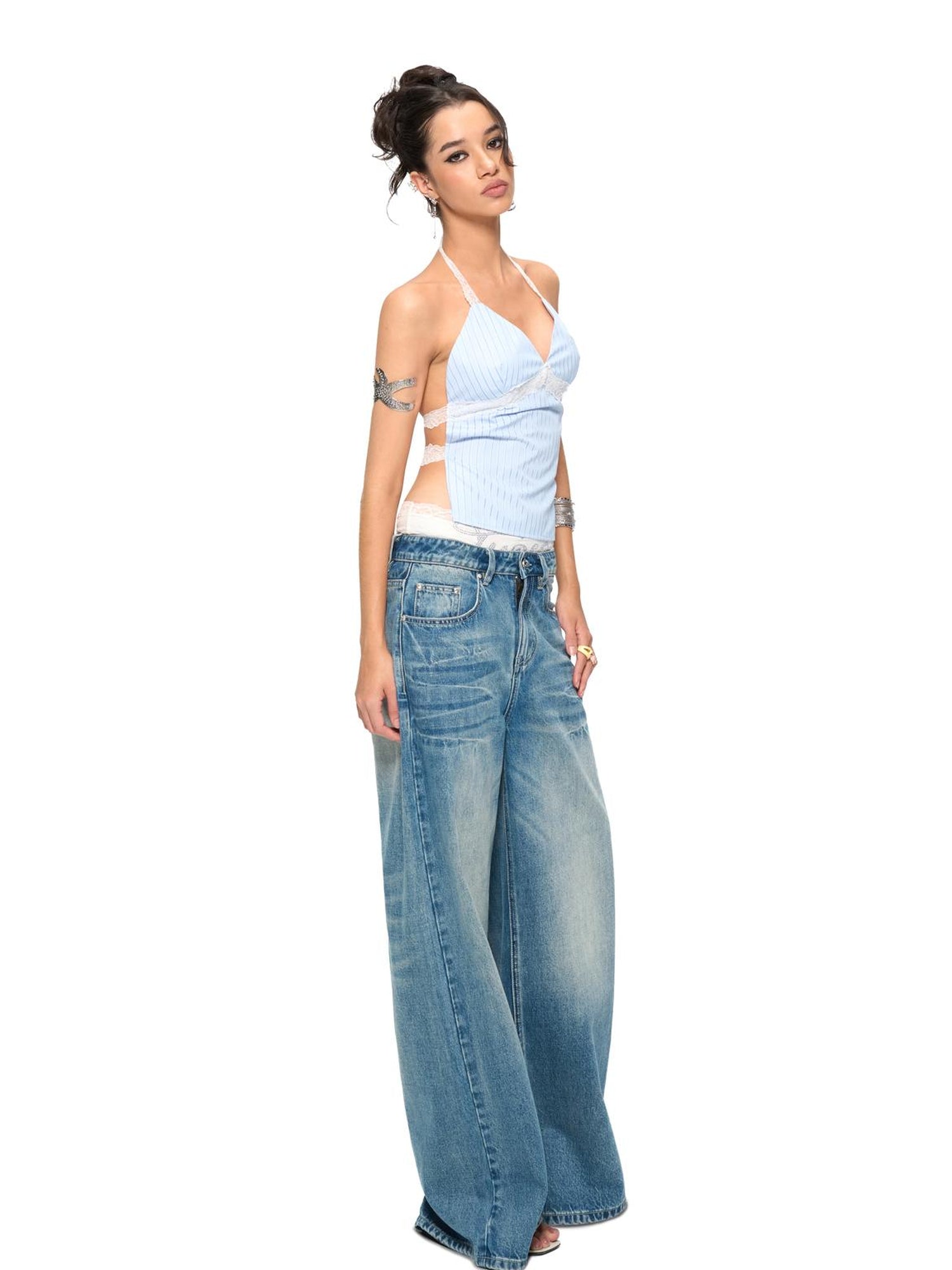 JYOSEI Blue Stripe V-Neck Lace Back Tie Crop Top