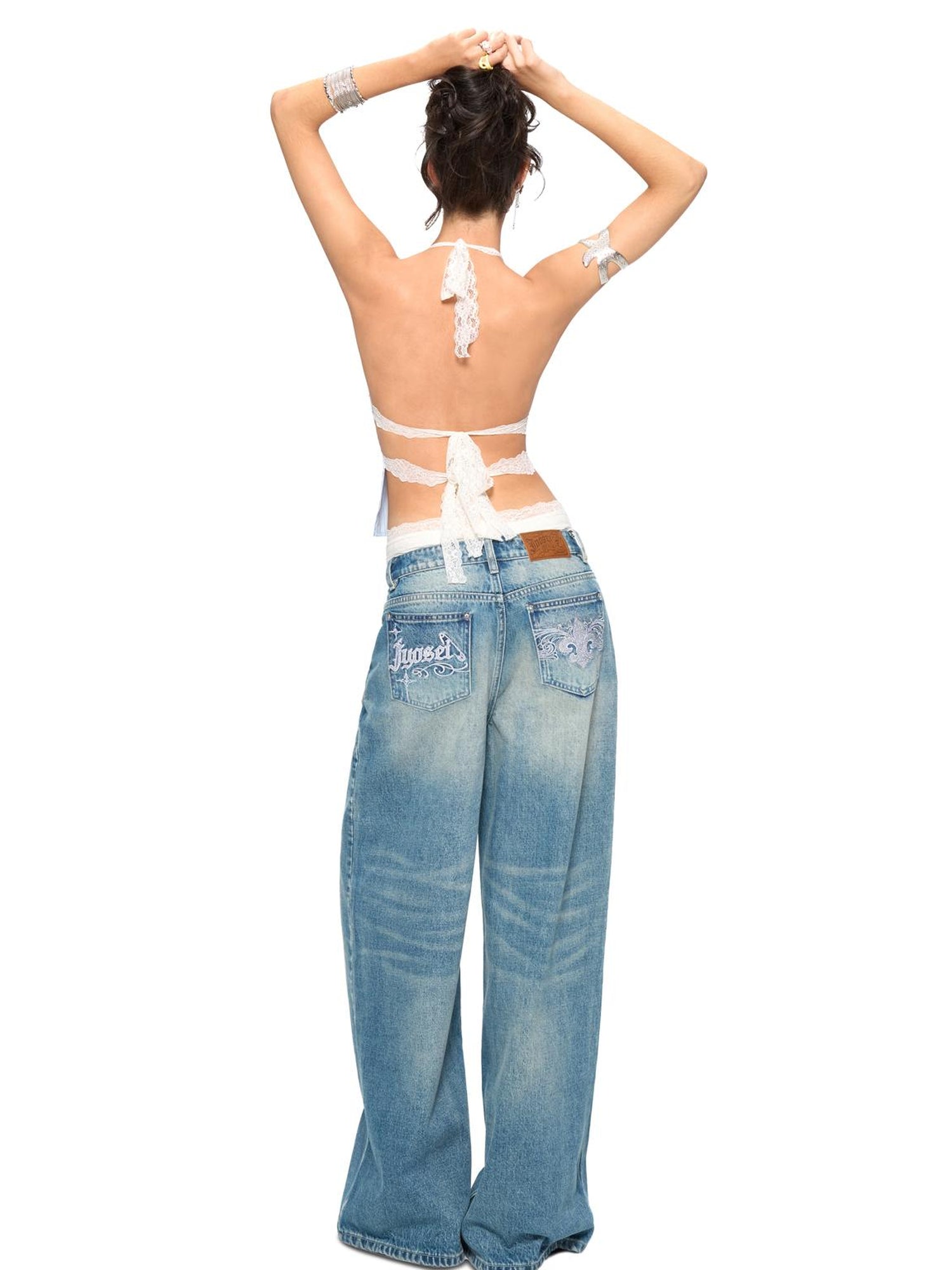 JYOSEI Blue Stripe V-Neck Lace Back Tie Crop Top
