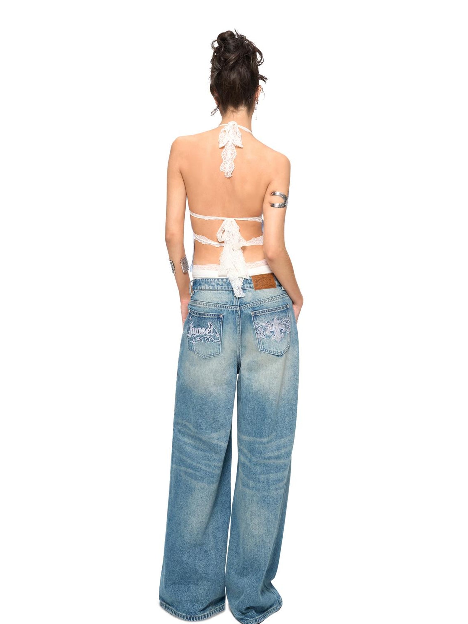 JYOSEI Blue Stripe V-Neck Lace Back Tie Crop Top