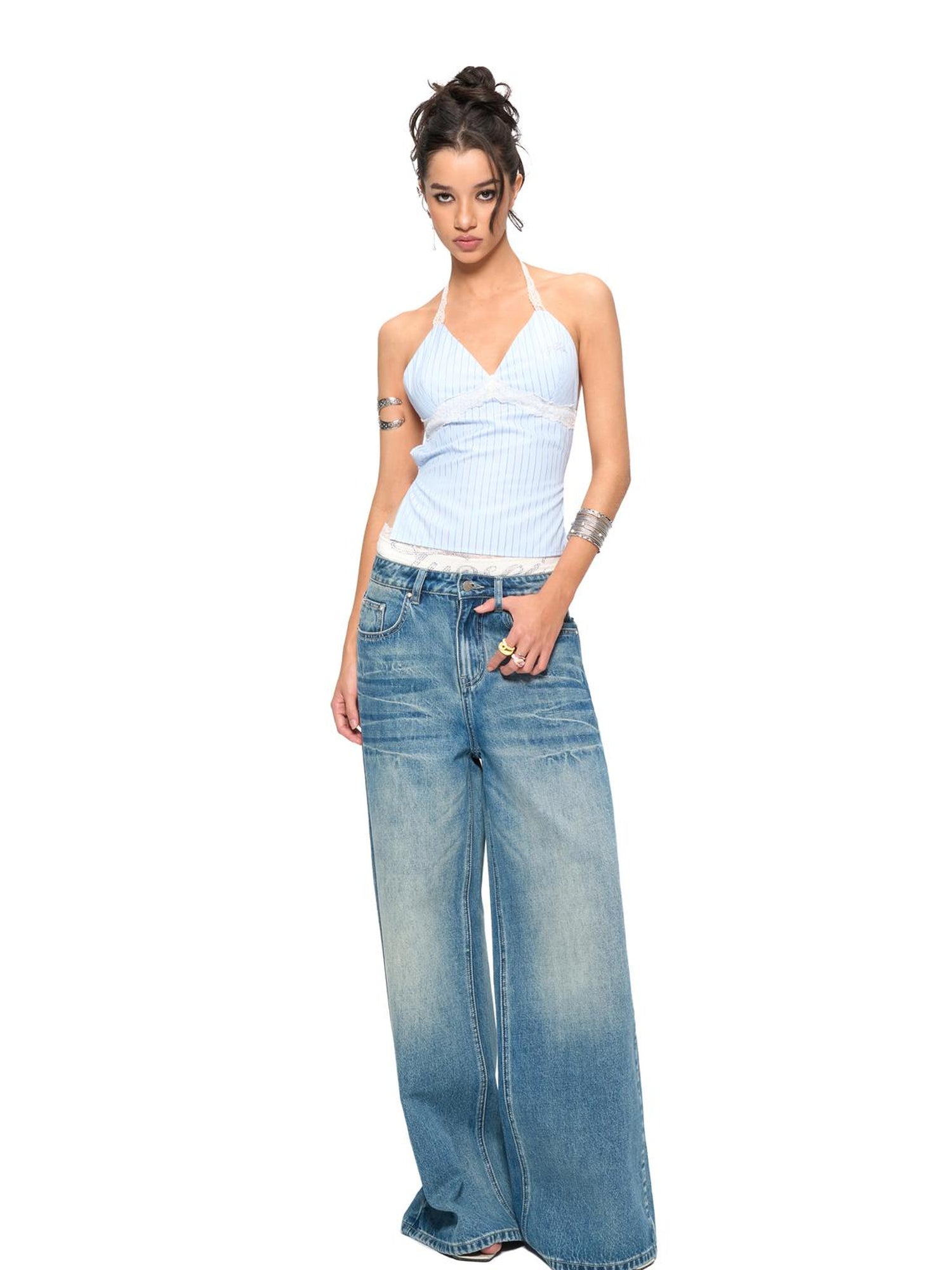 JYOSEI Blue Stripe V-Neck Lace Back Tie Crop Top