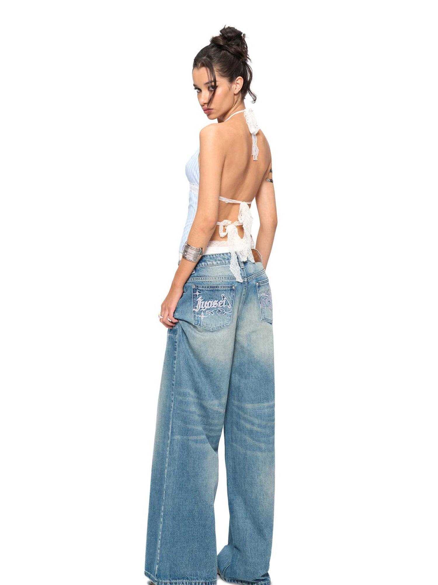 JYOSEI Blue Stripe V-Neck Lace Back Tie Crop Top