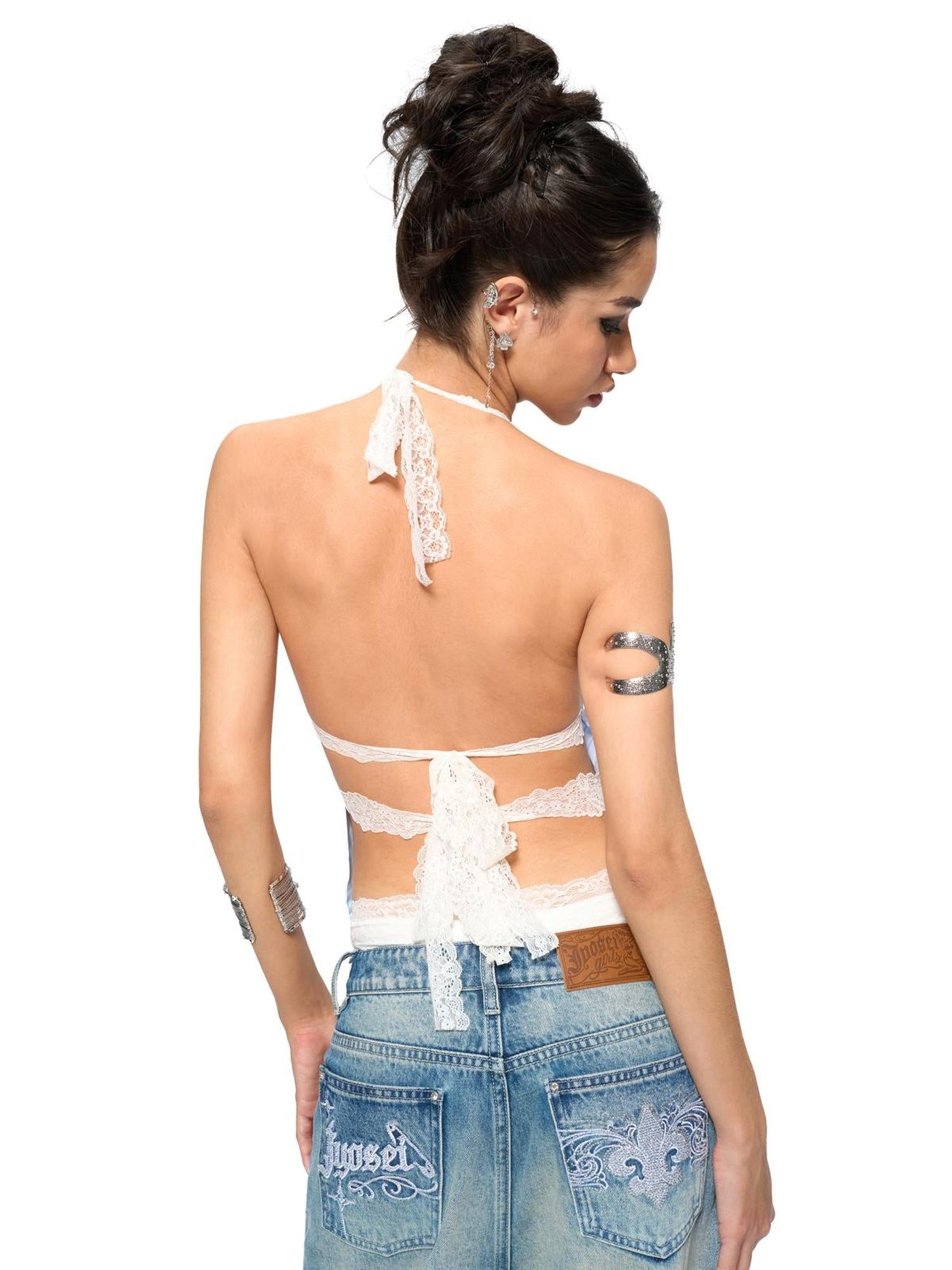 JYOSEI Blue Stripe V-Neck Lace Back Tie Crop Top