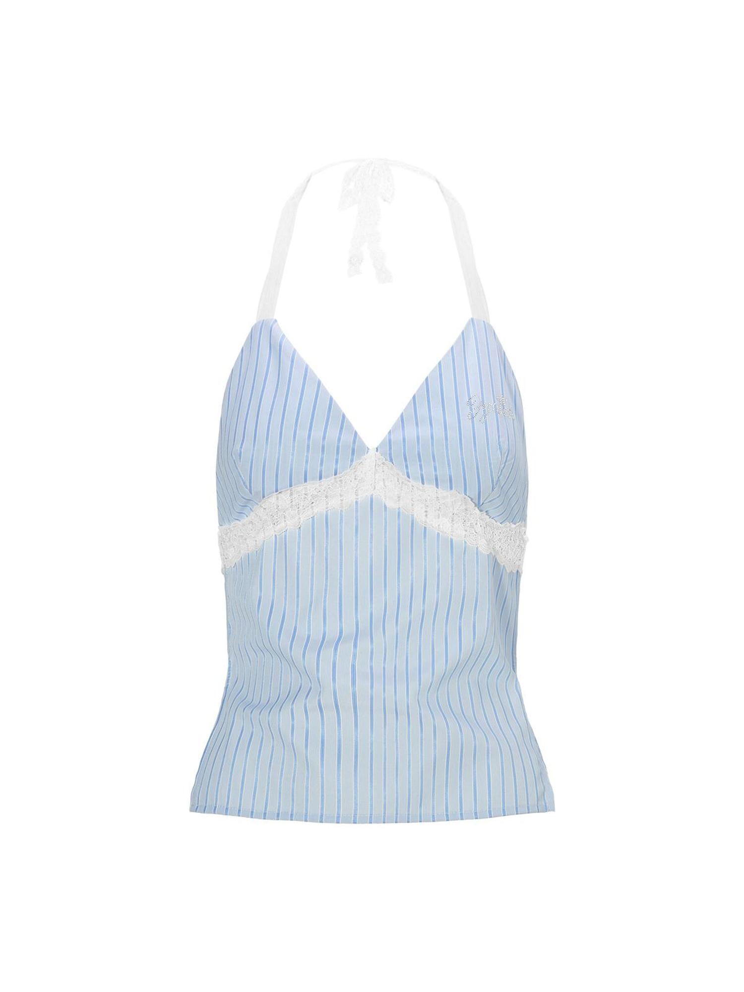 JYOSEI Blue Stripe V-Neck Lace Back Tie Crop Top