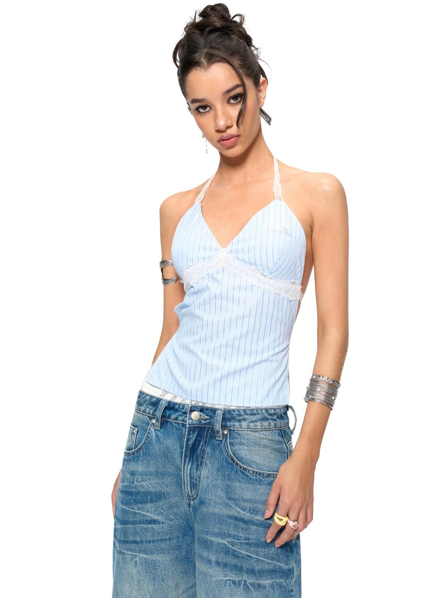 JYOSEI Blue Stripe V-Neck Lace Back Tie Crop Top