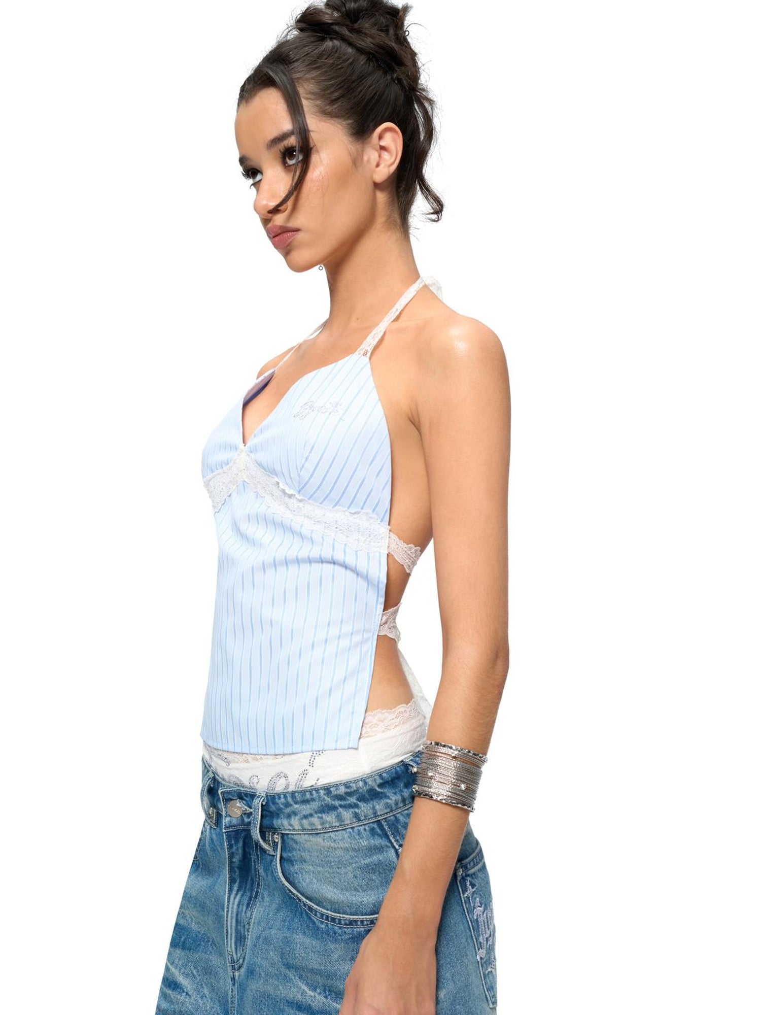 JYOSEI Blue Stripe V-Neck Lace Back Tie Crop Top