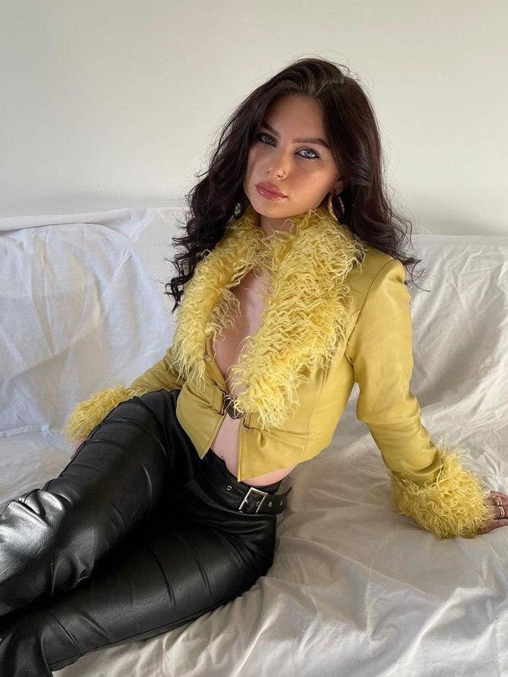 JYOSEI Bright Yellow Fixed Shearling Collar Women&