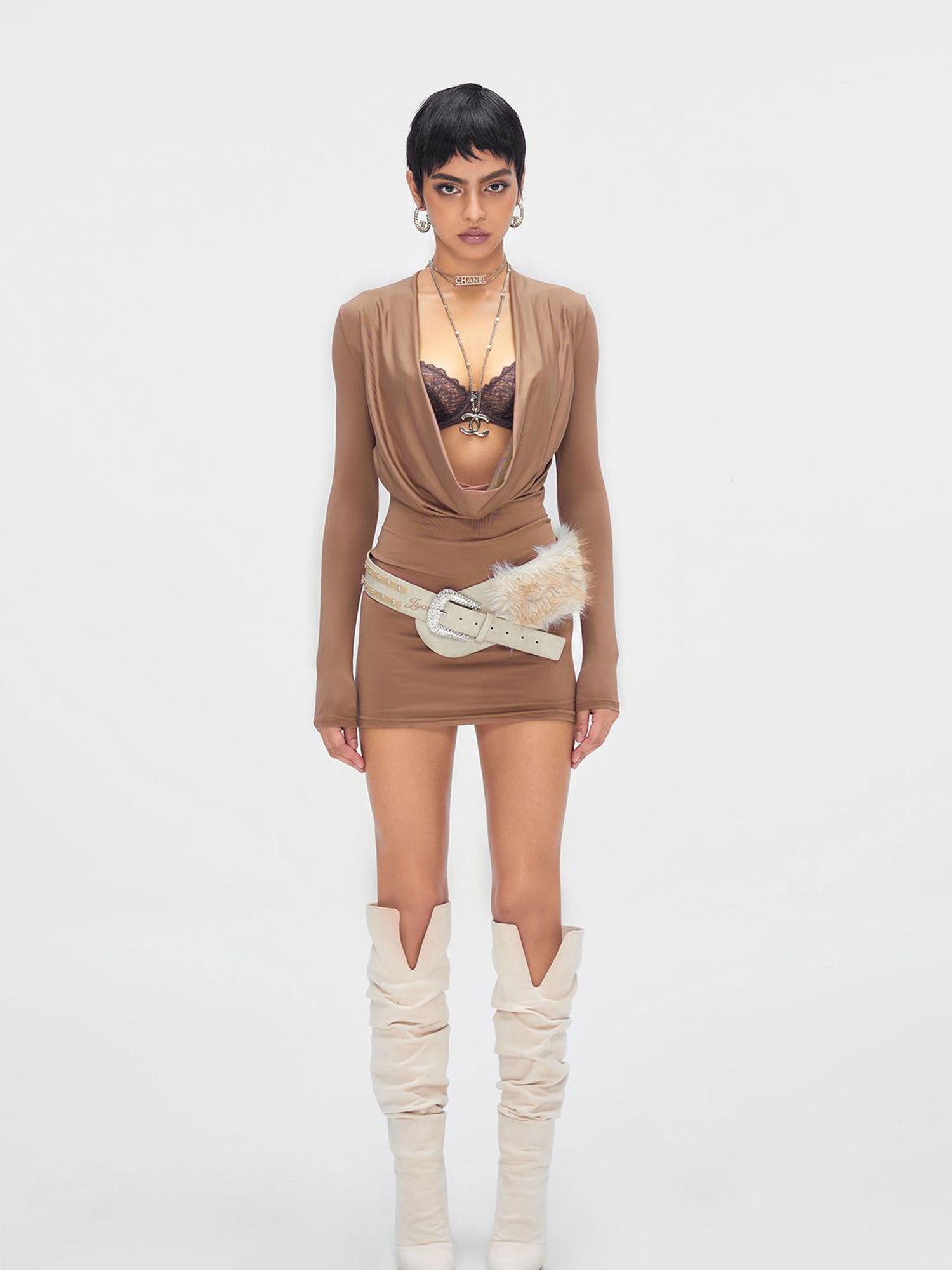 JYOSEI Brown Cowl Neck Bodycon Long Sleeve Dress