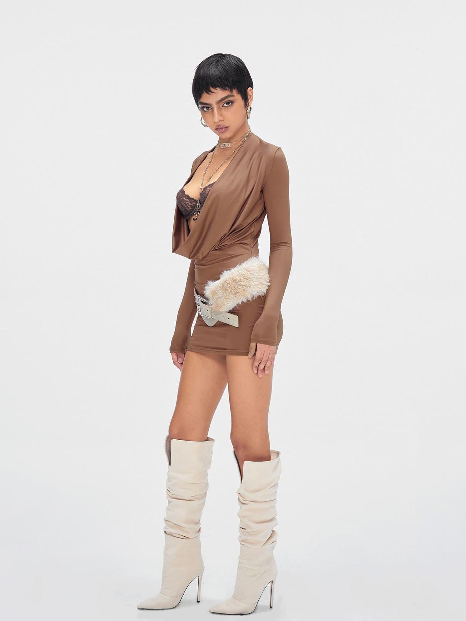 JYOSEI Brown Cowl Neck Bodycon Long Sleeve Dress