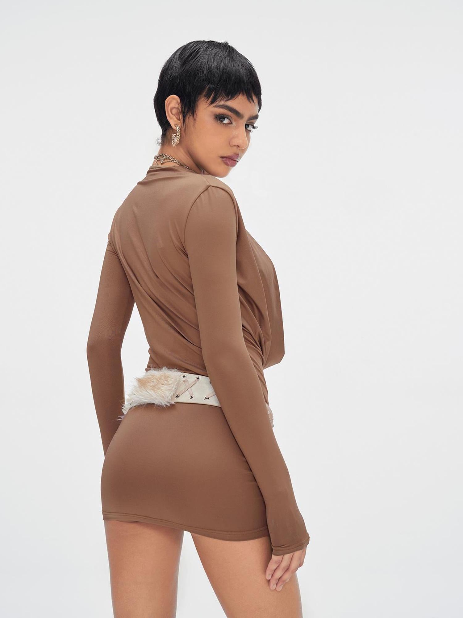JYOSEI Brown Cowl Neck Bodycon Long Sleeve Dress
