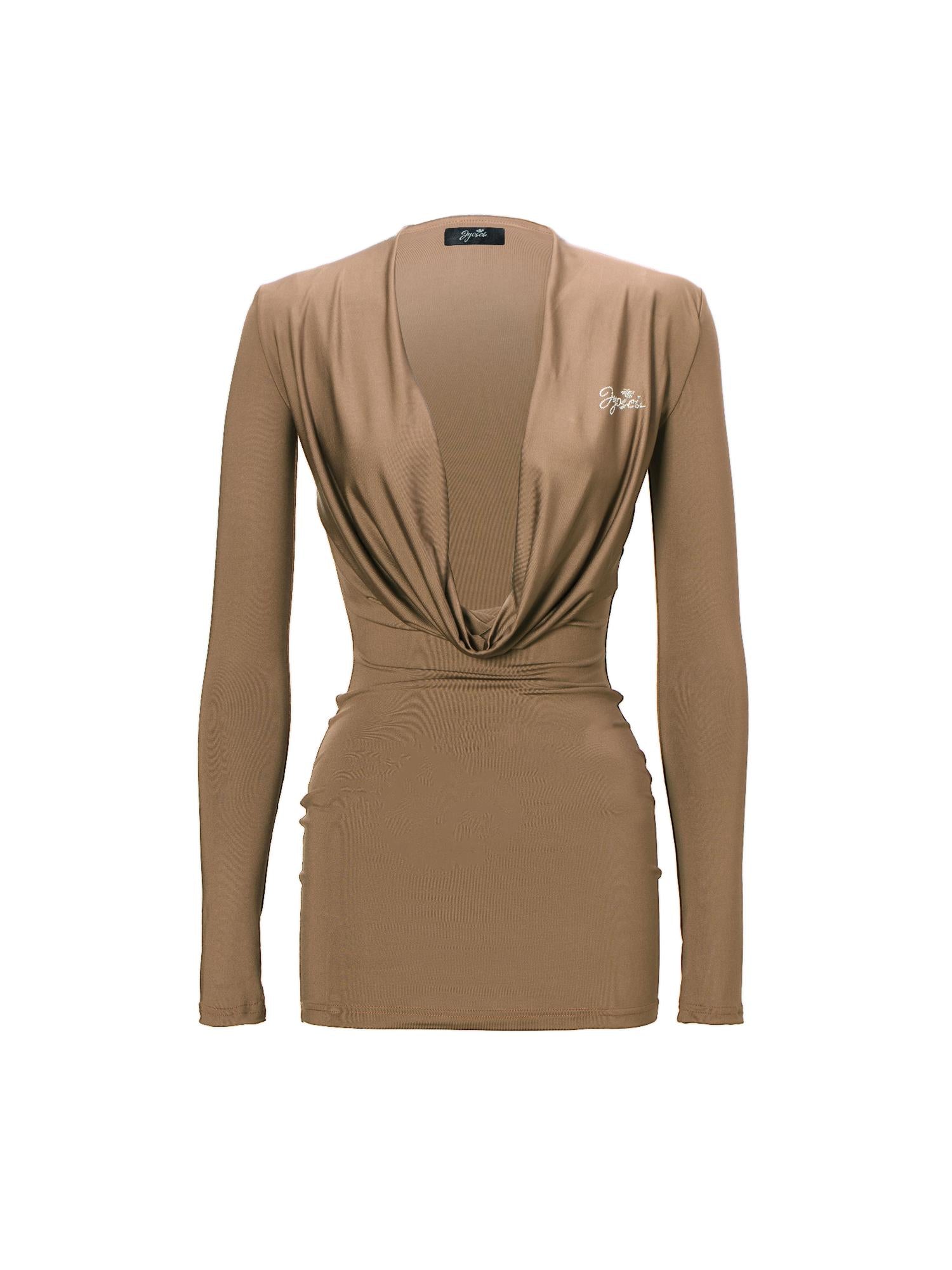 JYOSEI Brown Cowl Neck Bodycon Long Sleeve Dress