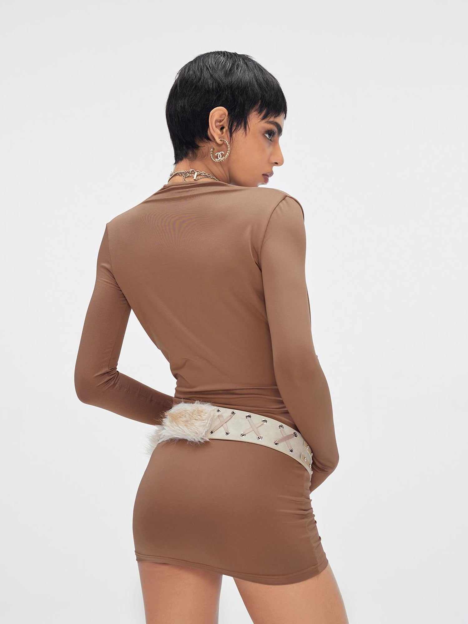 JYOSEI Brown Cowl Neck Bodycon Long Sleeve Dress