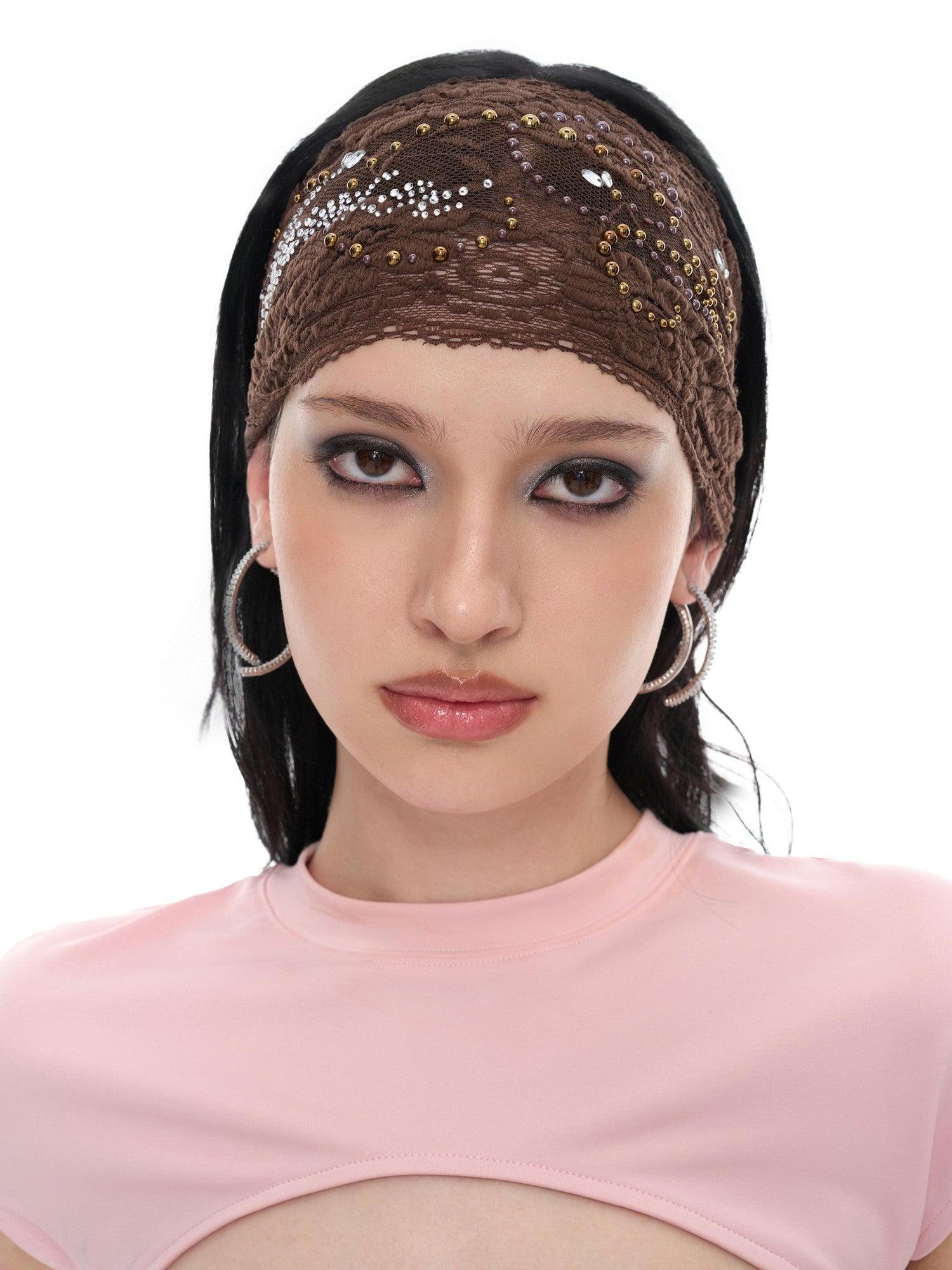 JYOSEI Brown Cutout Sequined Rhinestone Elastic Wide Band Women&