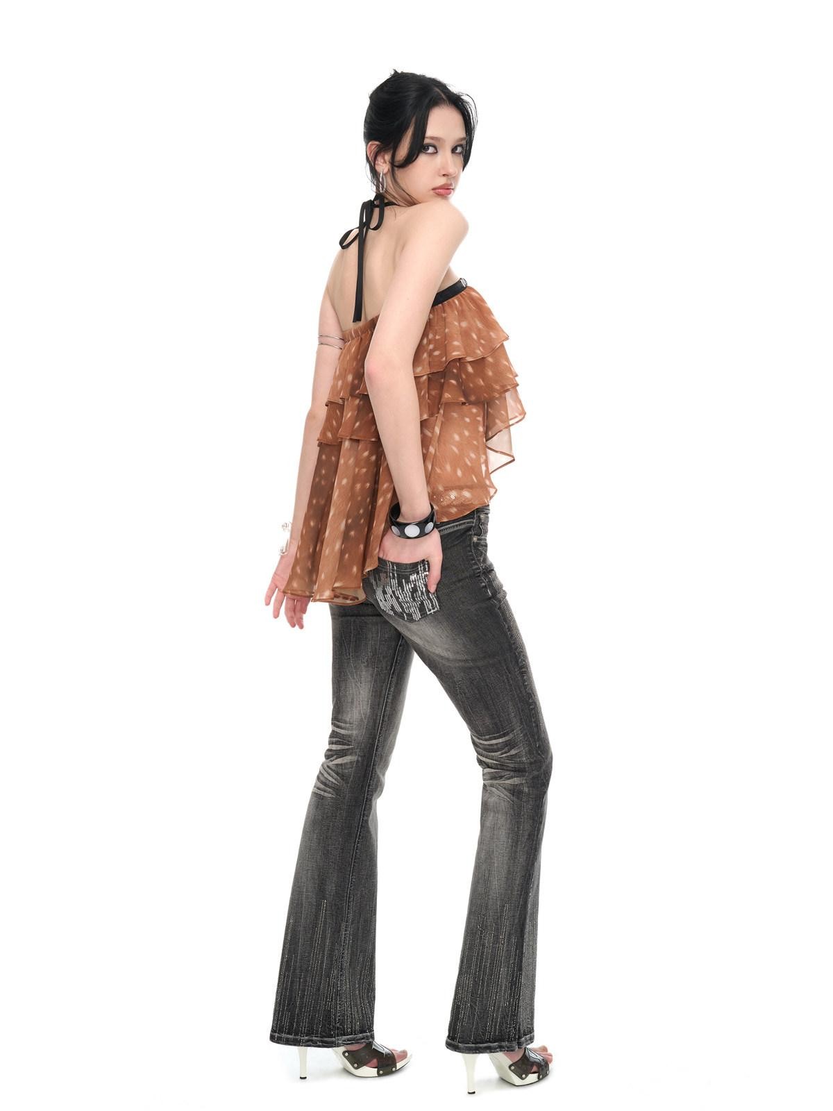JYOSEI Brown Deer Print Irregular Ruffle Halter Backless Tie Women&