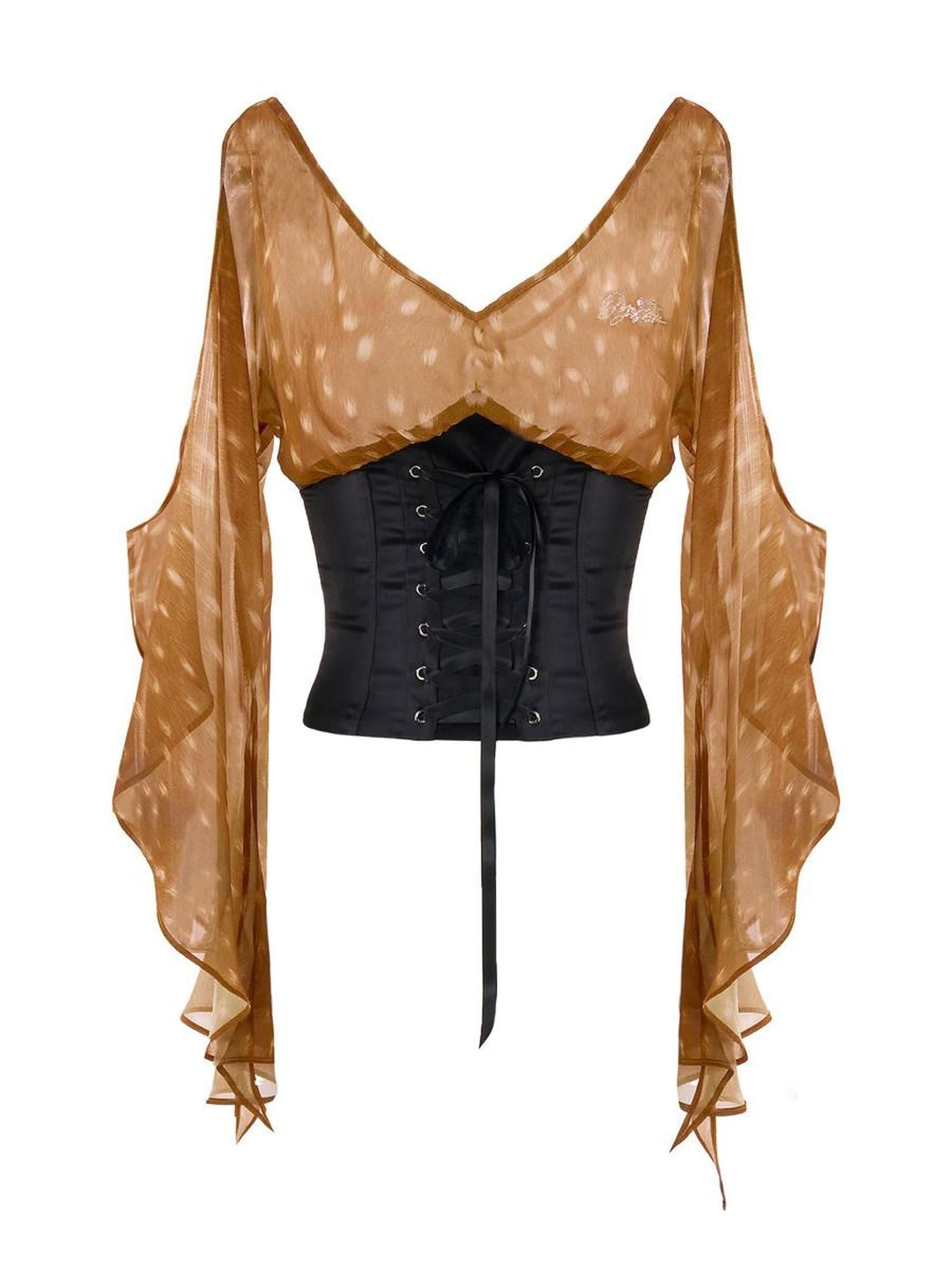 JYOSEI Brown Deer Print Off Shoulder Tie Waist V-neck Women&