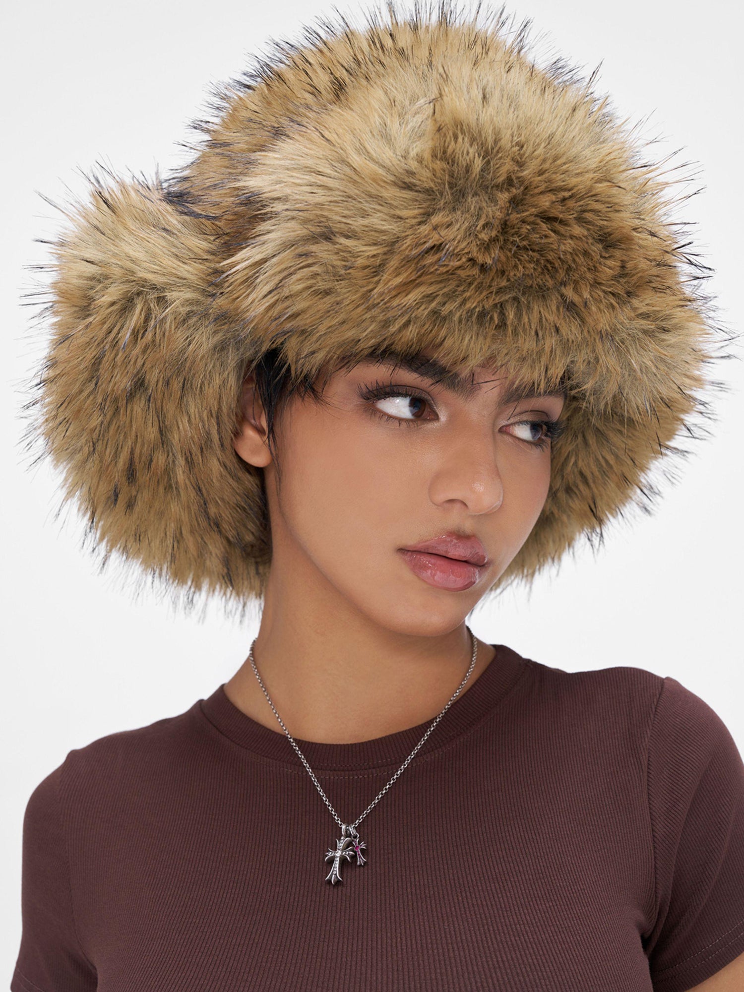 JYOSEI Brown Faux Fox Fur Russian Hat With Ear Flaps