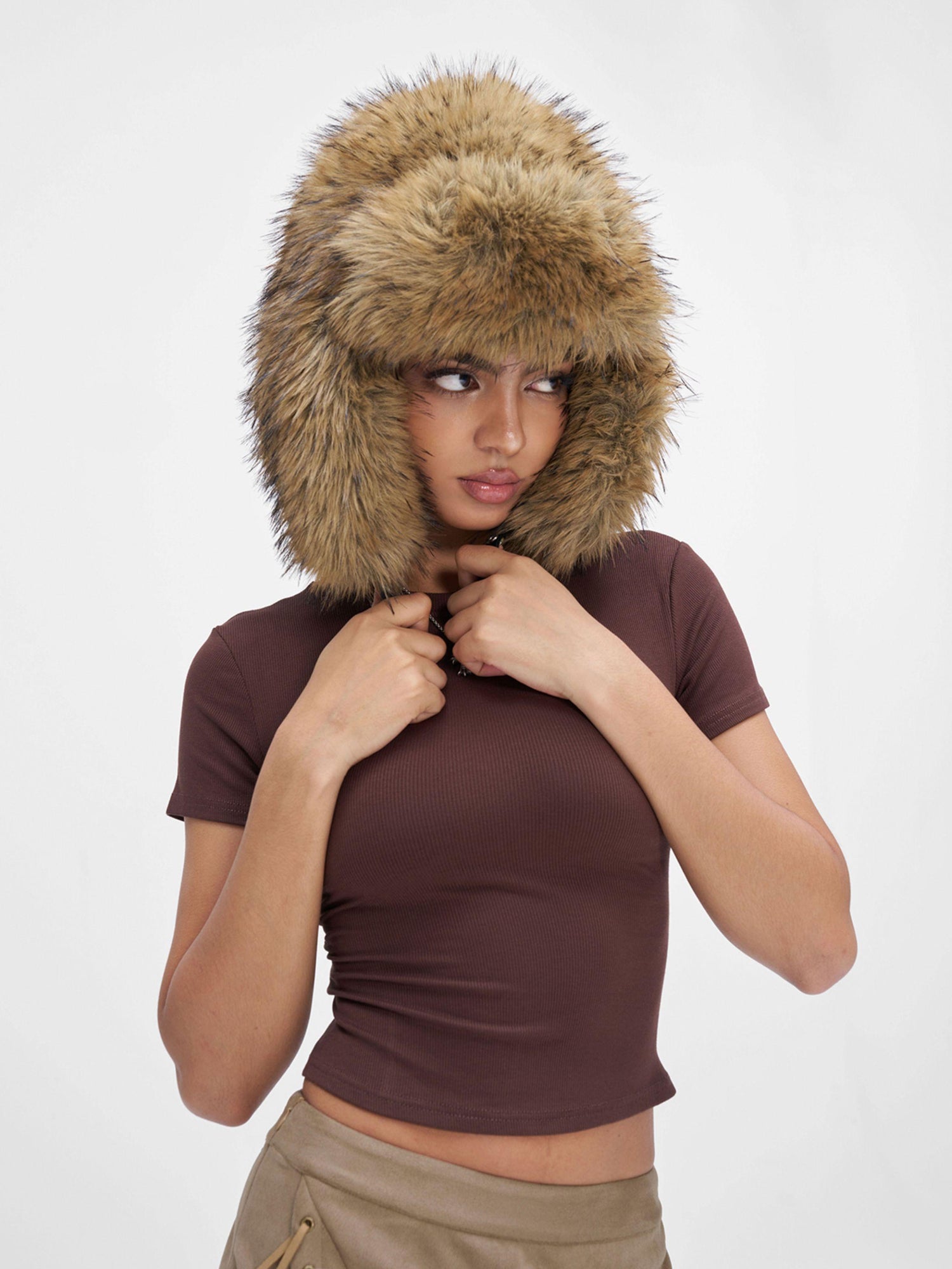 JYOSEI Brown Faux Fox Fur Russian Hat With Ear Flaps