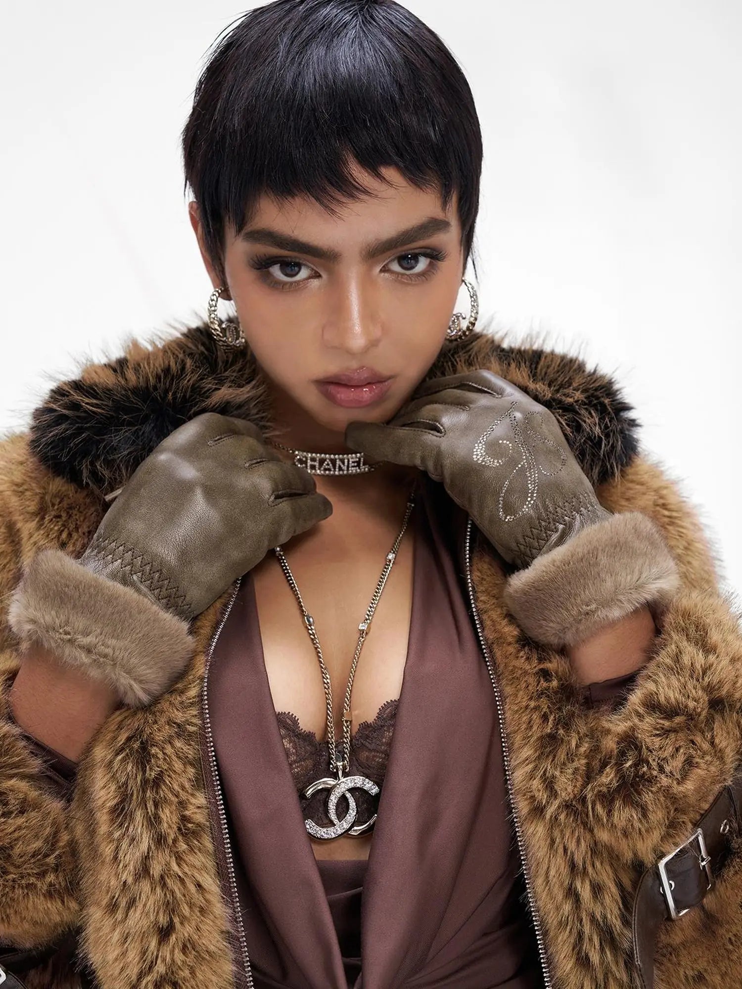 Brown Faux Fur Leather Trimmed Short Jacket