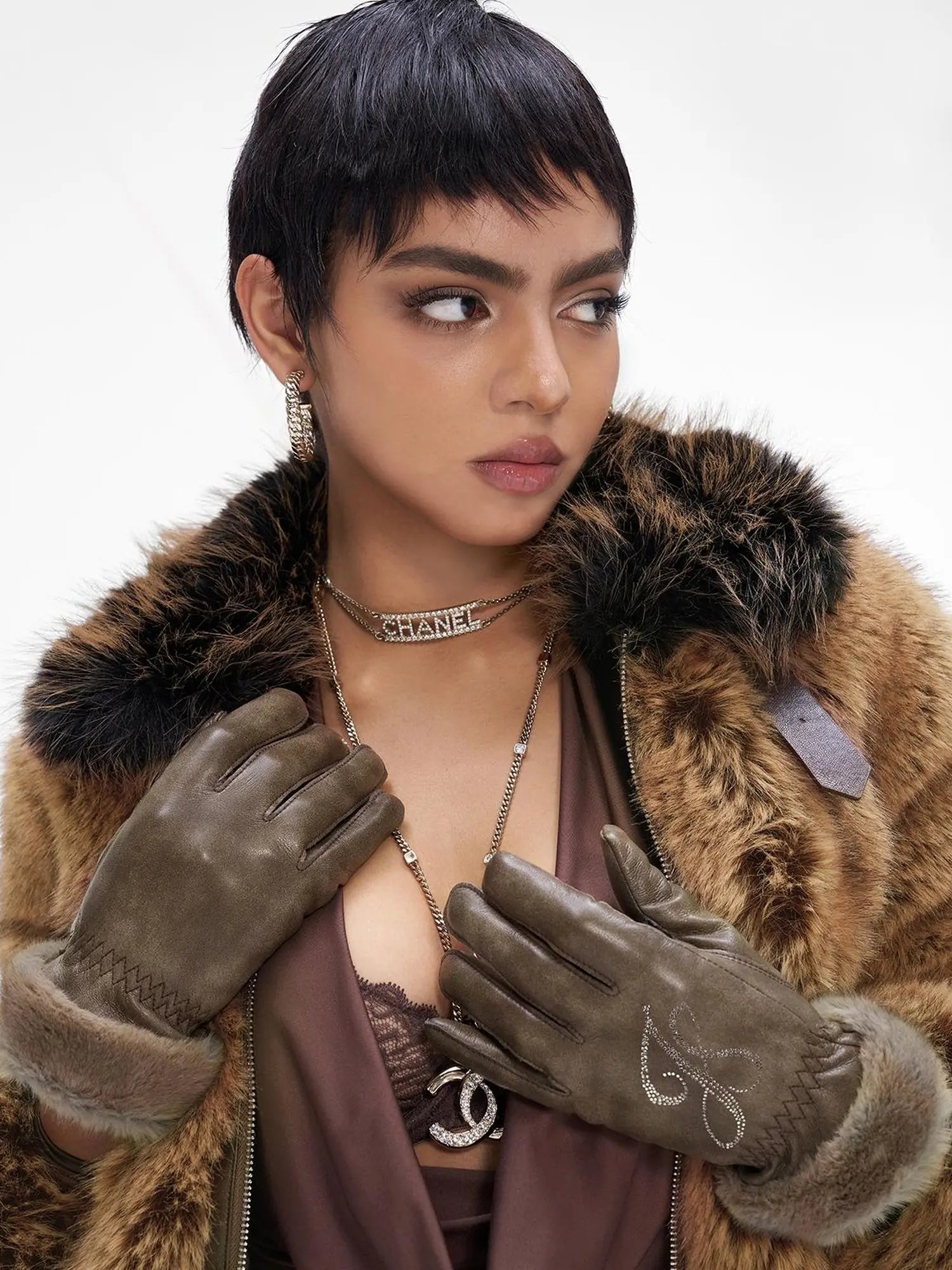 Brown Faux Fur Leather Trimmed Short Jacket