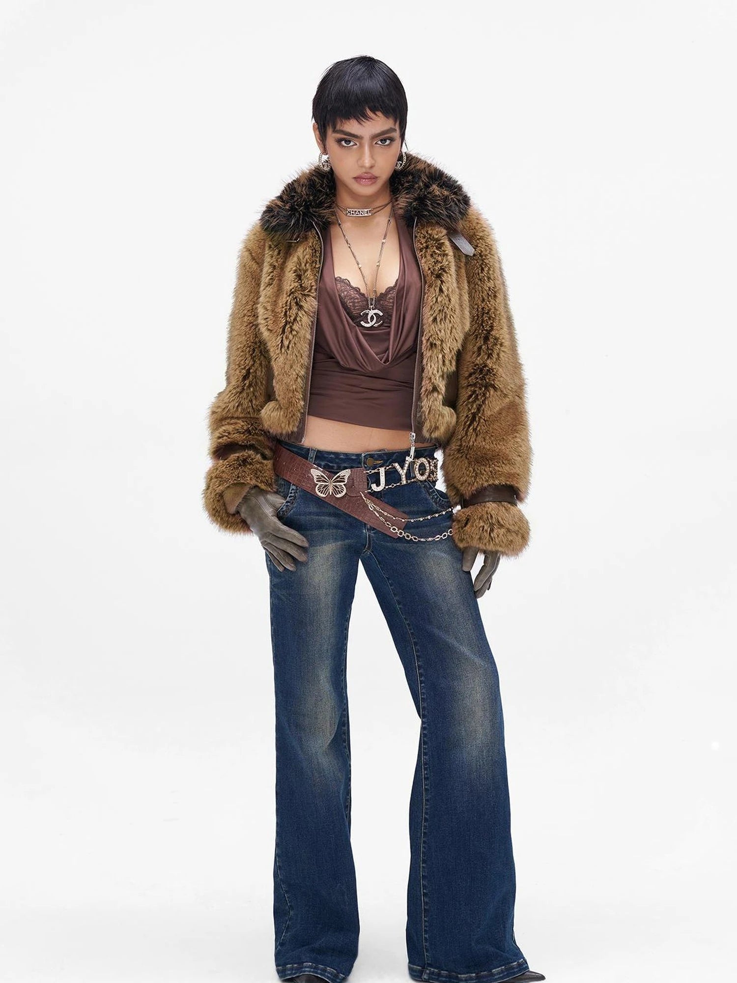 Brown Faux Fur Leather Trimmed Short Jacket