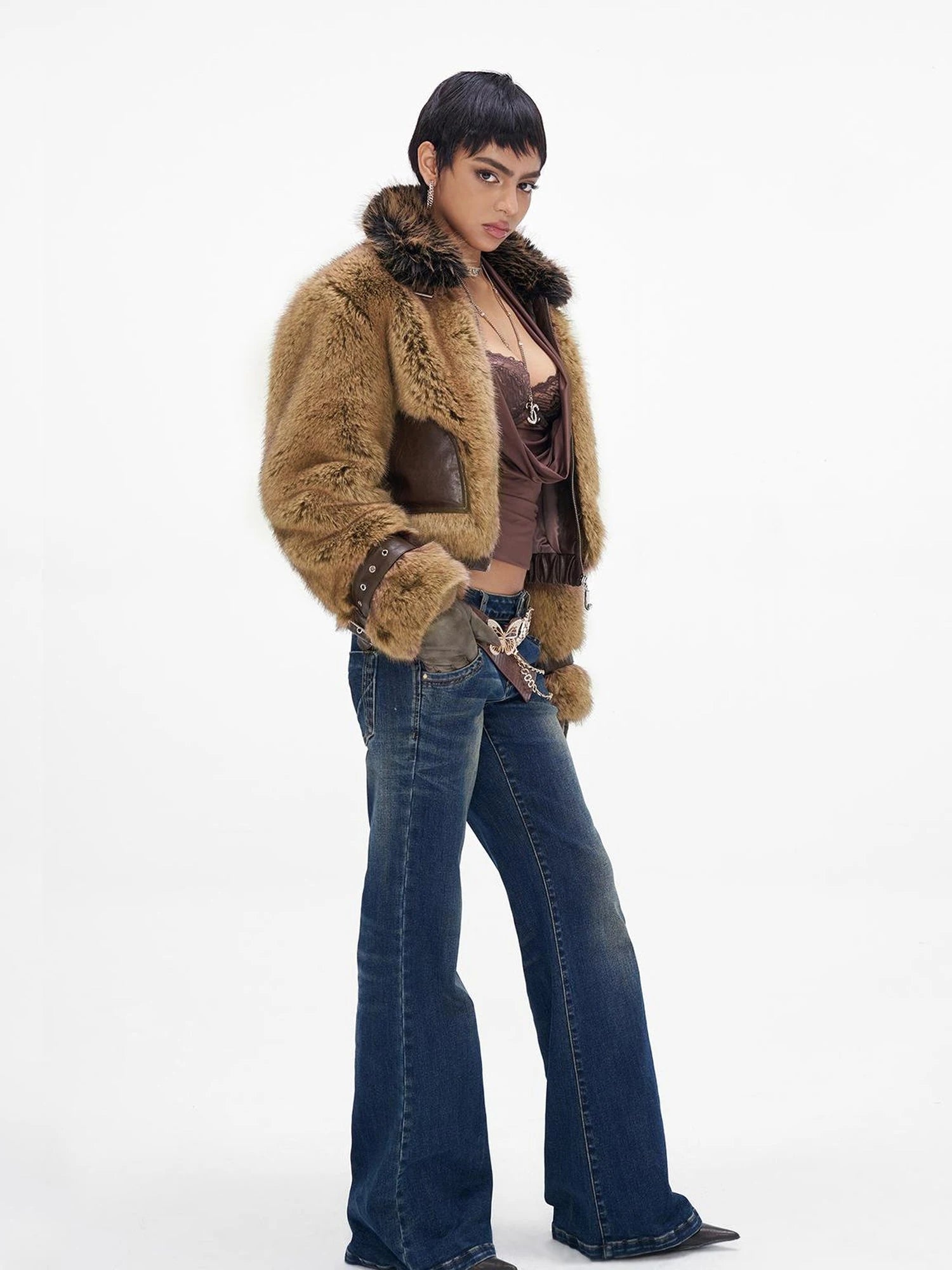 Brown Faux Fur Leather Trimmed Short Jacket