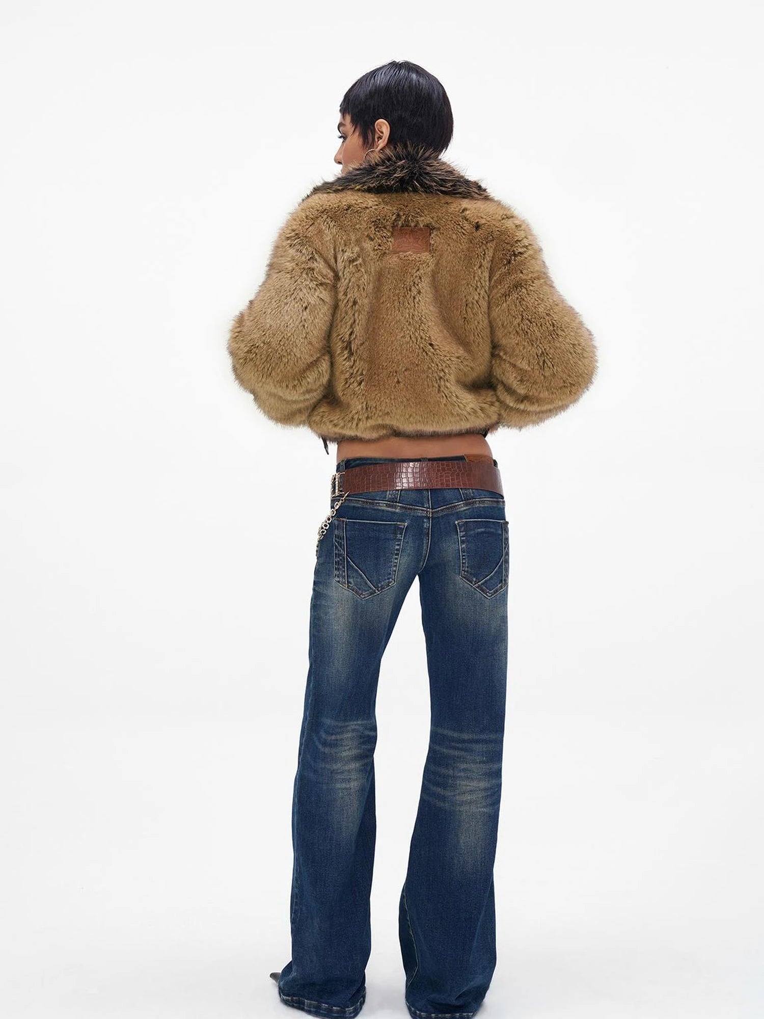Brown Faux Fur Leather Trimmed Short Jacket