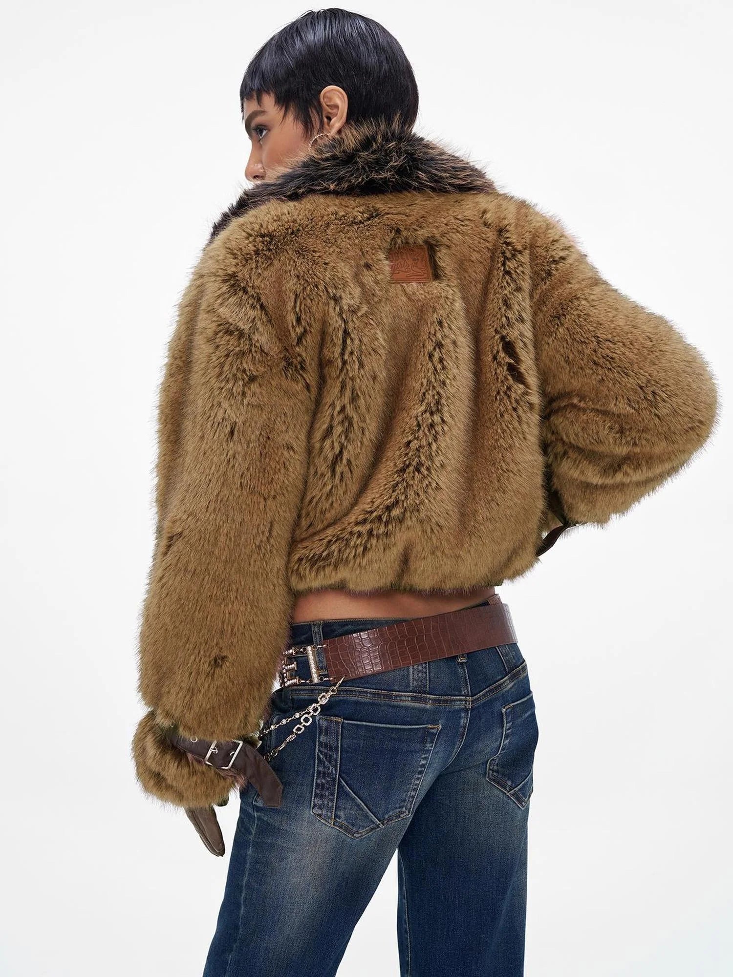 Brown Faux Fur Leather Trimmed Short Jacket