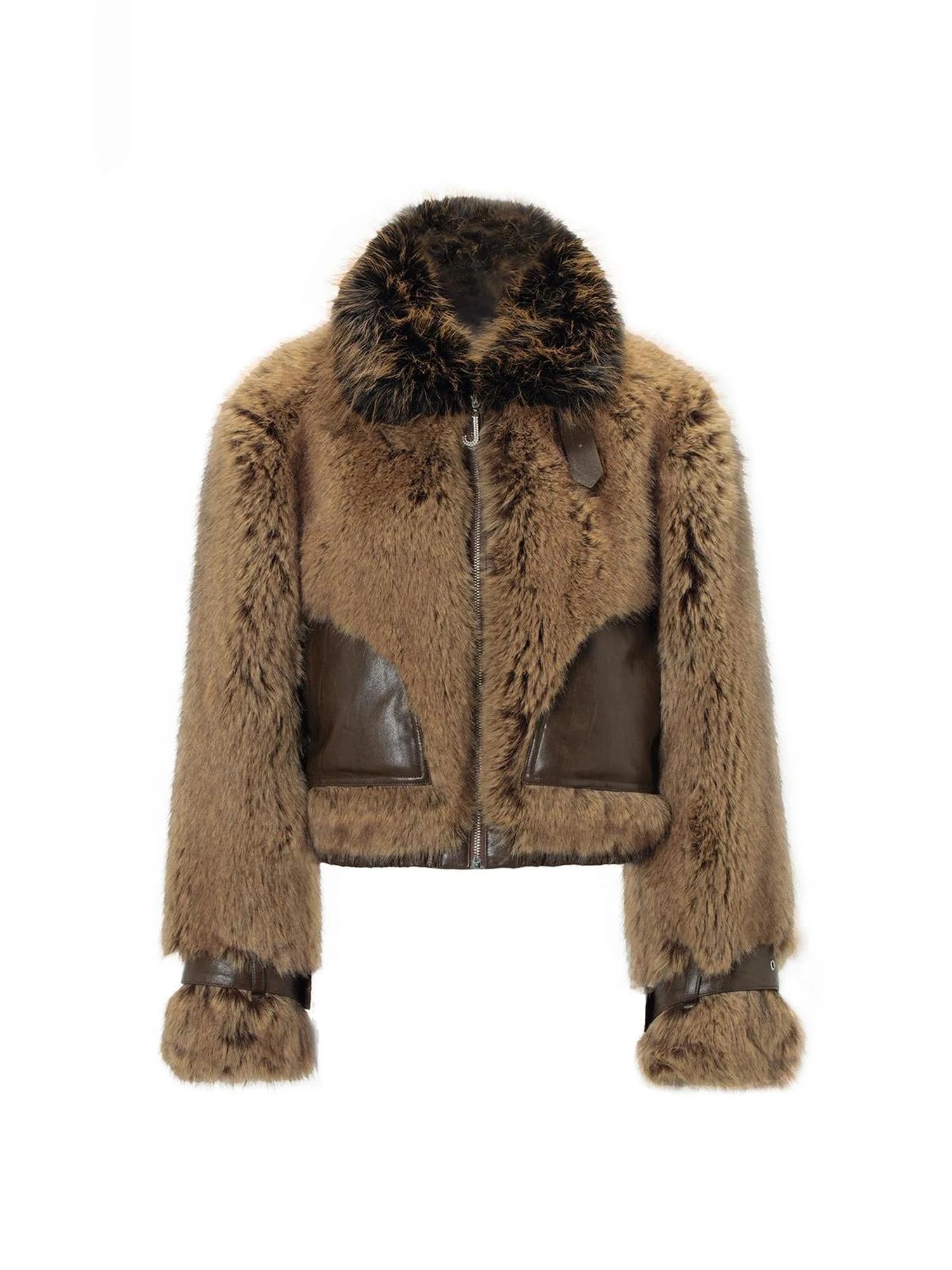 Brown Faux Fur Leather Trimmed Short Jacket