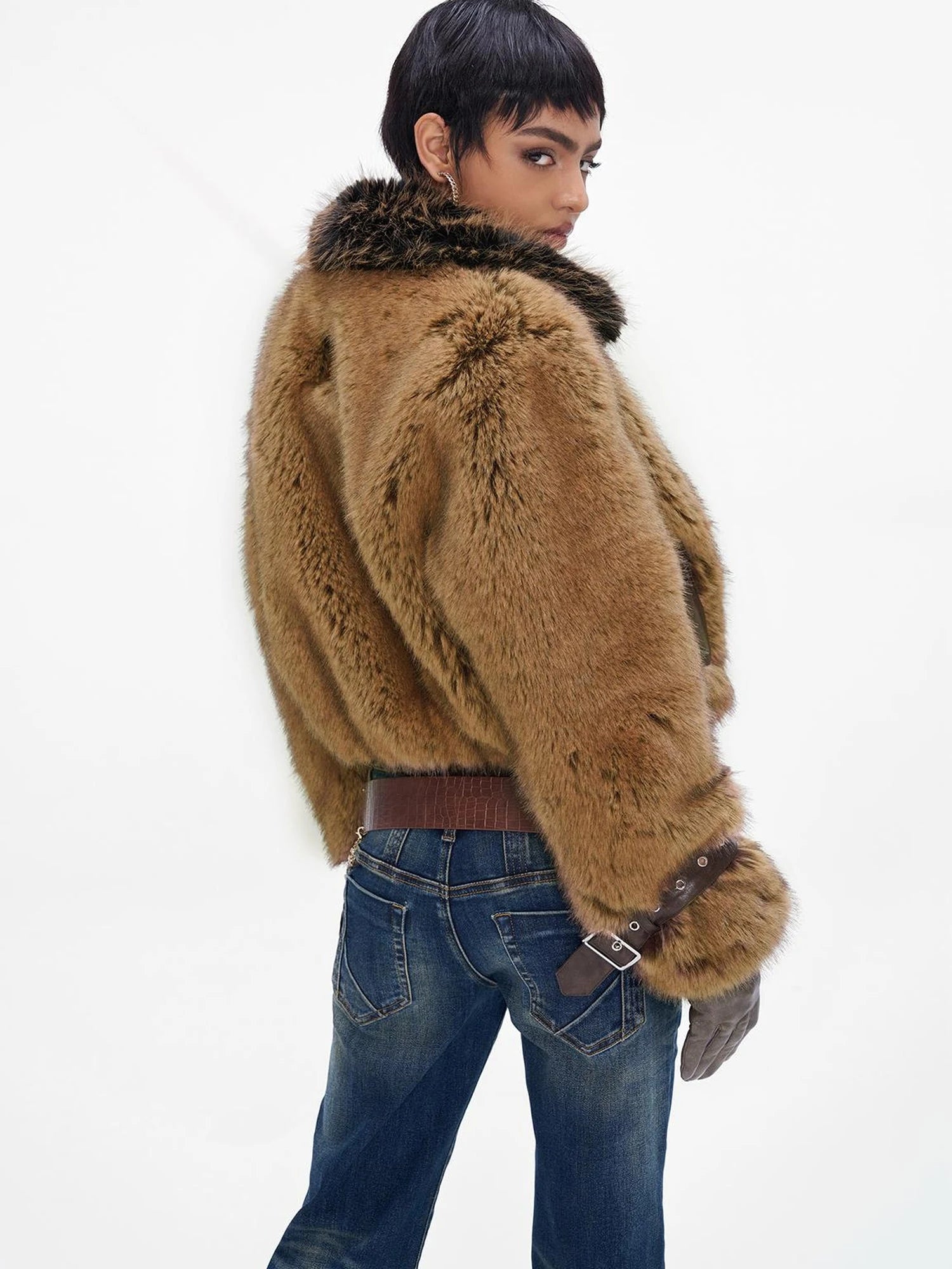 Brown Faux Fur Leather Trimmed Short Jacket