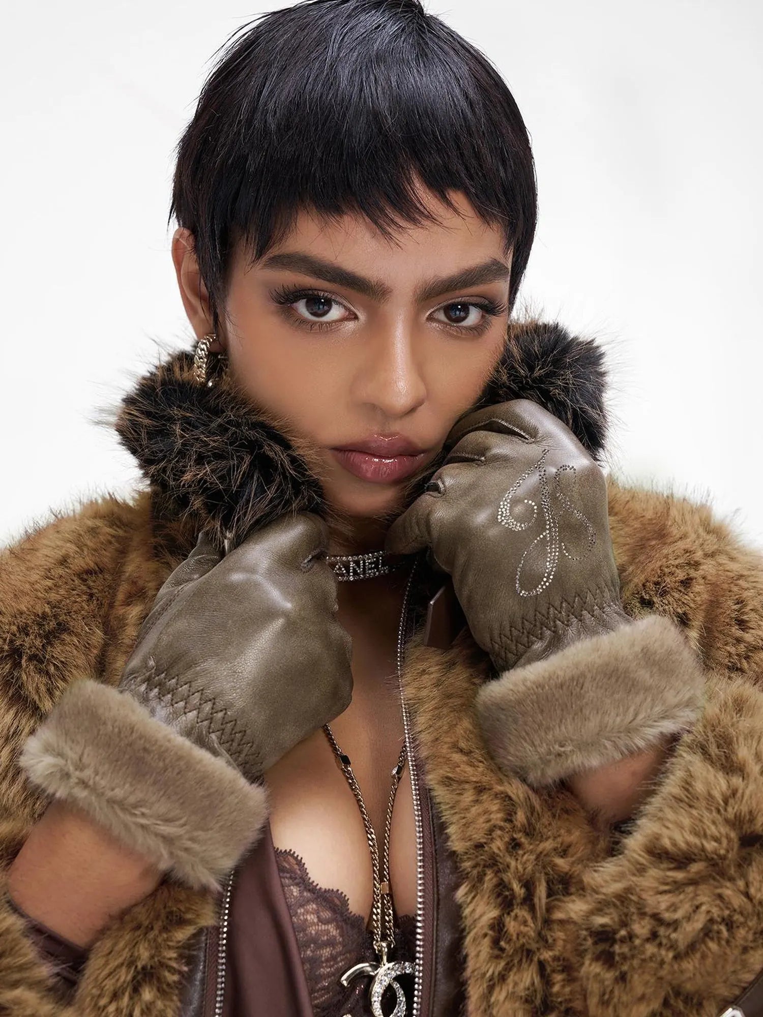 Brown Faux Fur Leather Trimmed Short Jacket