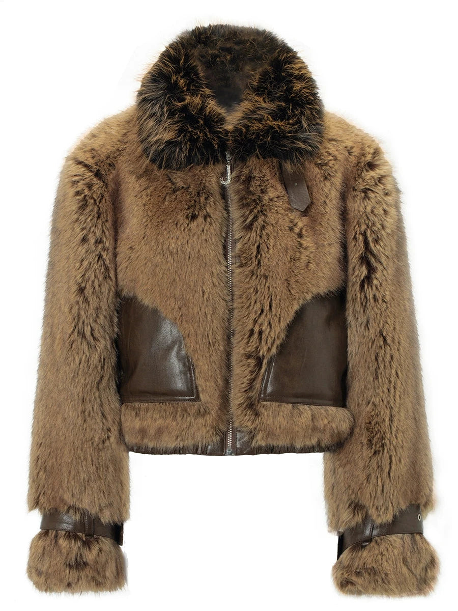 Brown Faux Fur Leather Trimmed Short Jacket