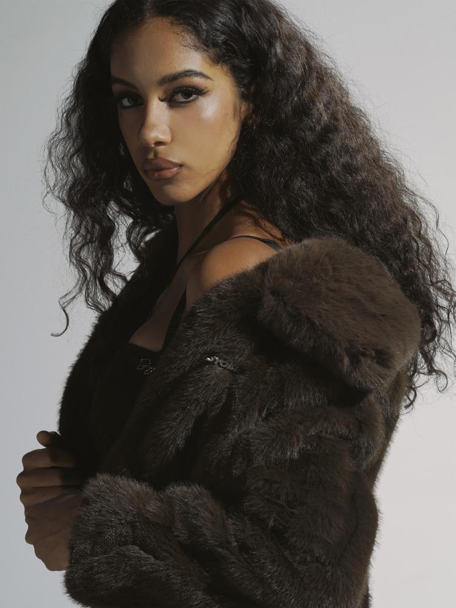 JYOSEI Brown Green Sheen Short Fuzzy Cropped Jacket With Large Collar