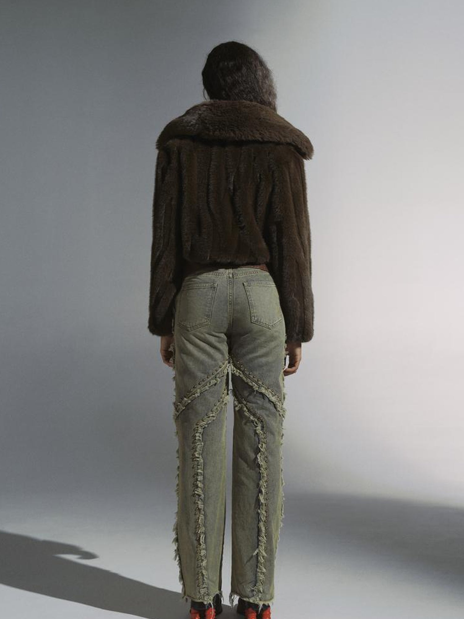 JYOSEI Brown Green Sheen Short Fuzzy Cropped Jacket With Large Collar