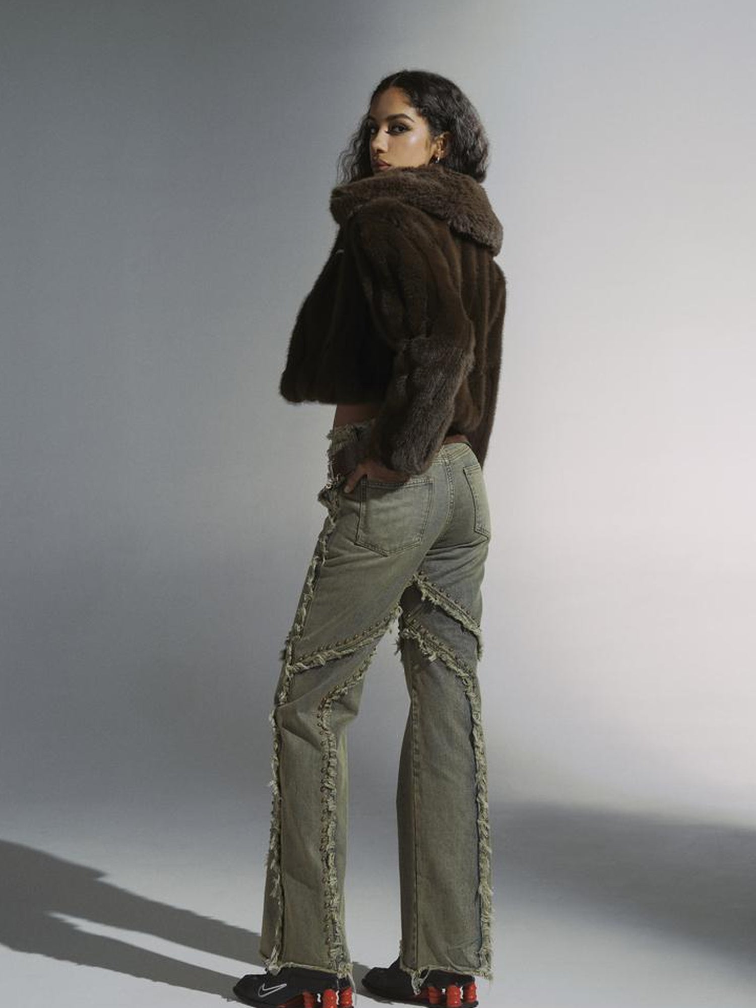 JYOSEI Brown Green Sheen Short Fuzzy Cropped Jacket With Large Collar