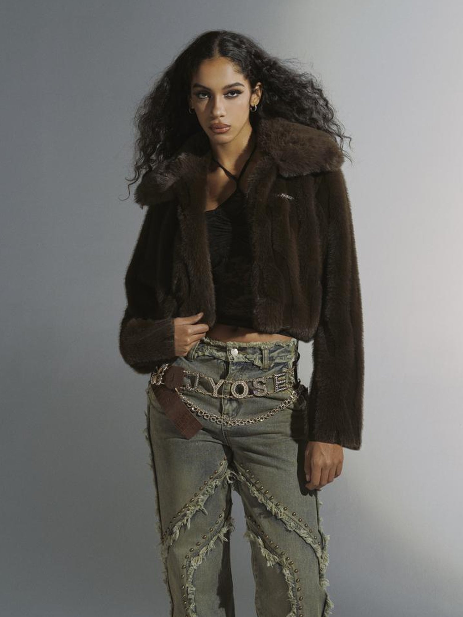 JYOSEI Brown Green Sheen Short Fuzzy Cropped Jacket With Large Collar
