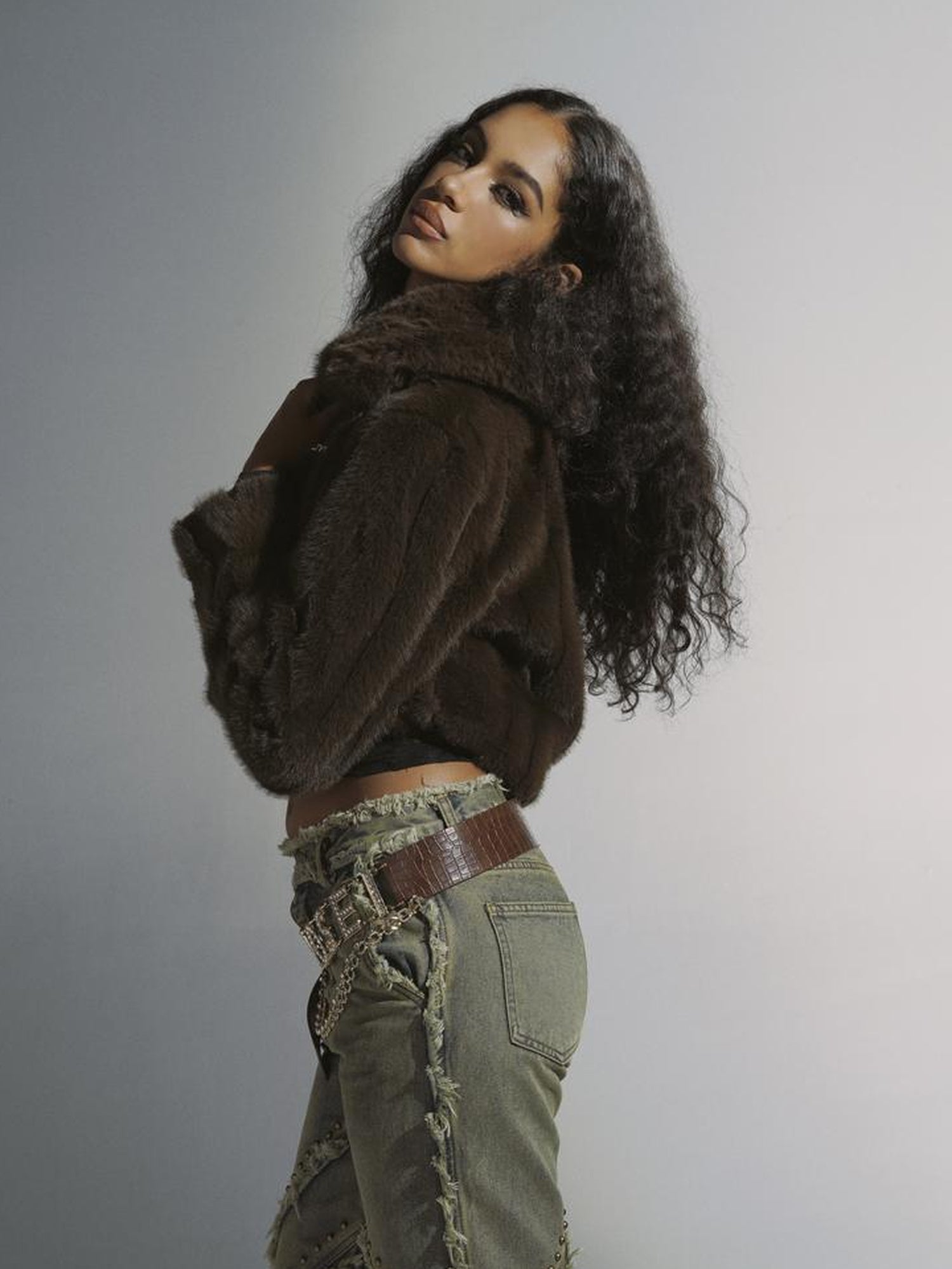 JYOSEI Brown Green Sheen Short Fuzzy Cropped Jacket With Large Collar