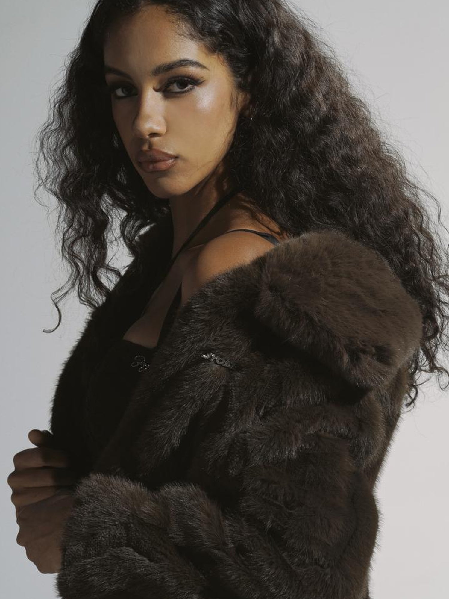 JYOSEI Brown Green Sheen Short Fuzzy Cropped Jacket With Large Collar