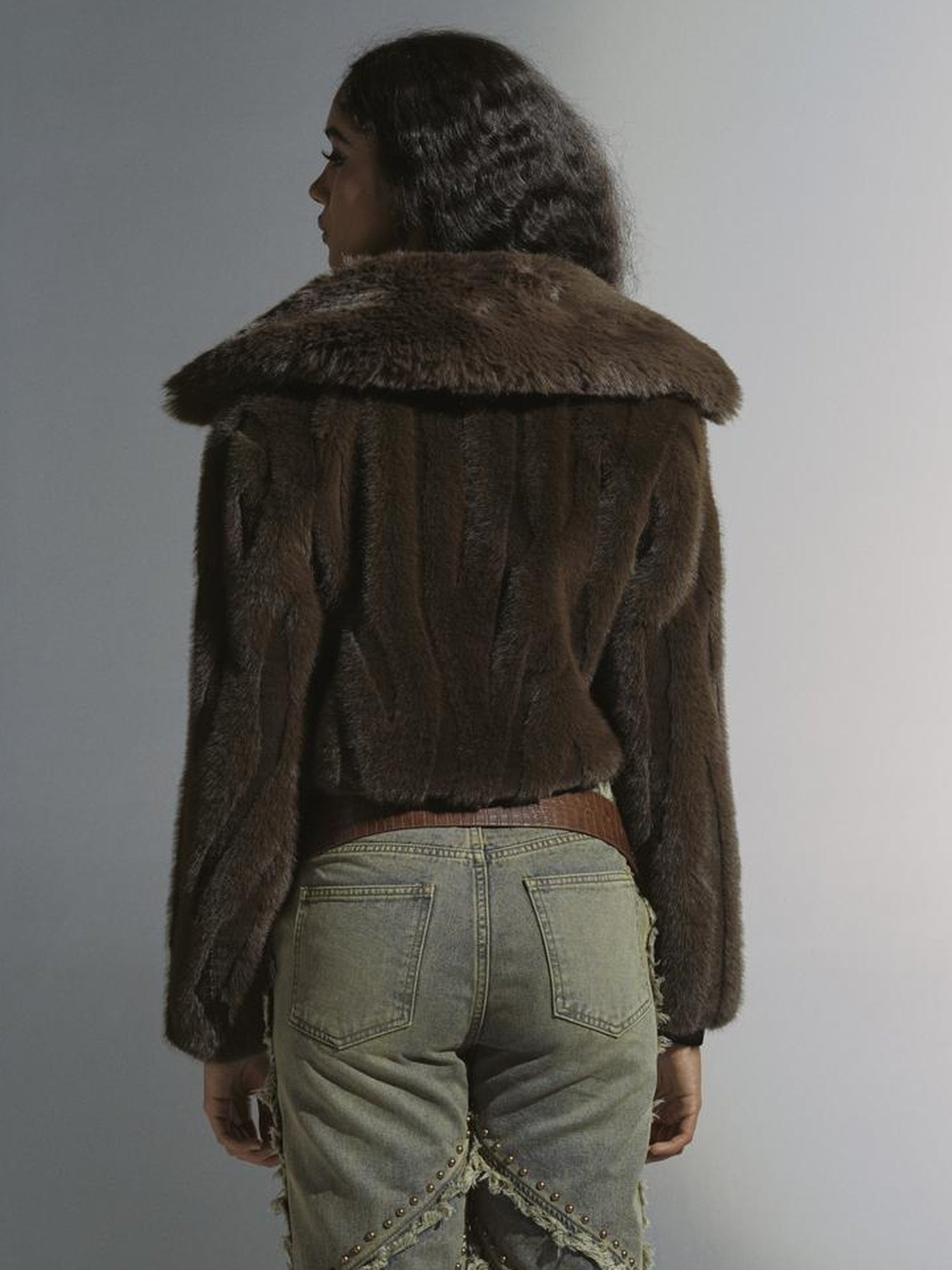 JYOSEI Brown Green Sheen Short Fuzzy Cropped Jacket With Large Collar