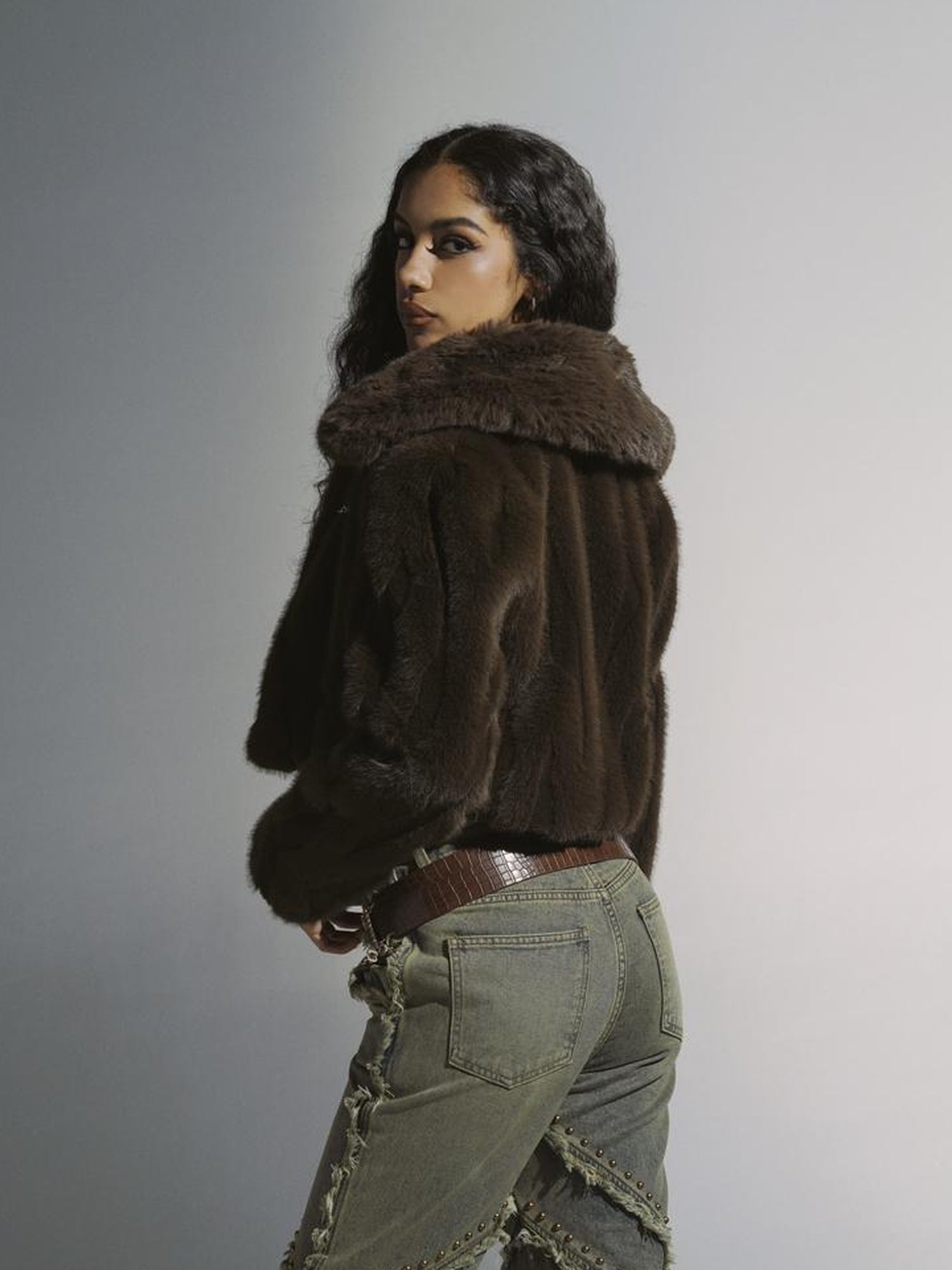 JYOSEI Brown Green Sheen Short Fuzzy Cropped Jacket With Large Collar