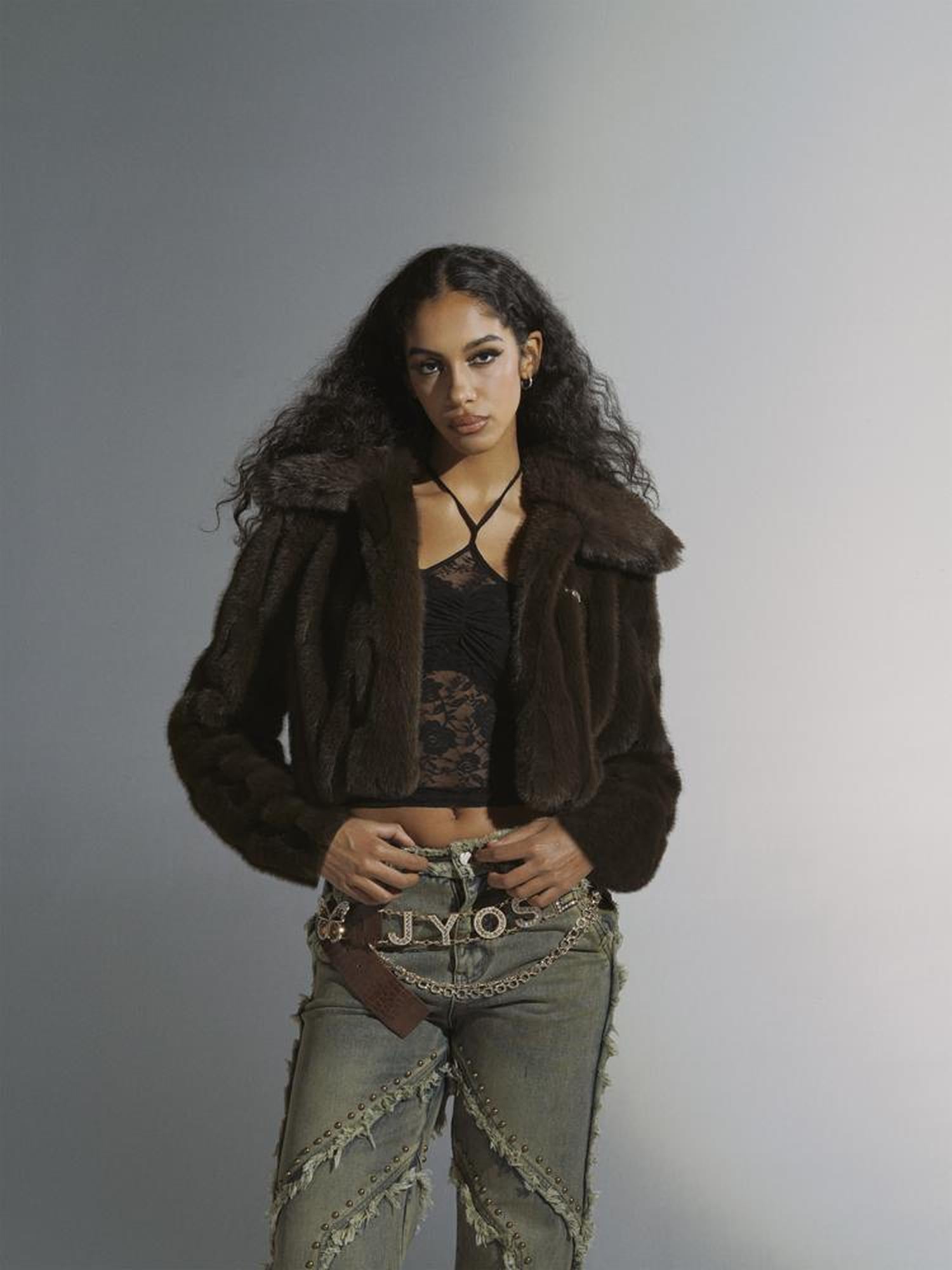 JYOSEI Brown Green Sheen Short Fuzzy Cropped Jacket With Large Collar