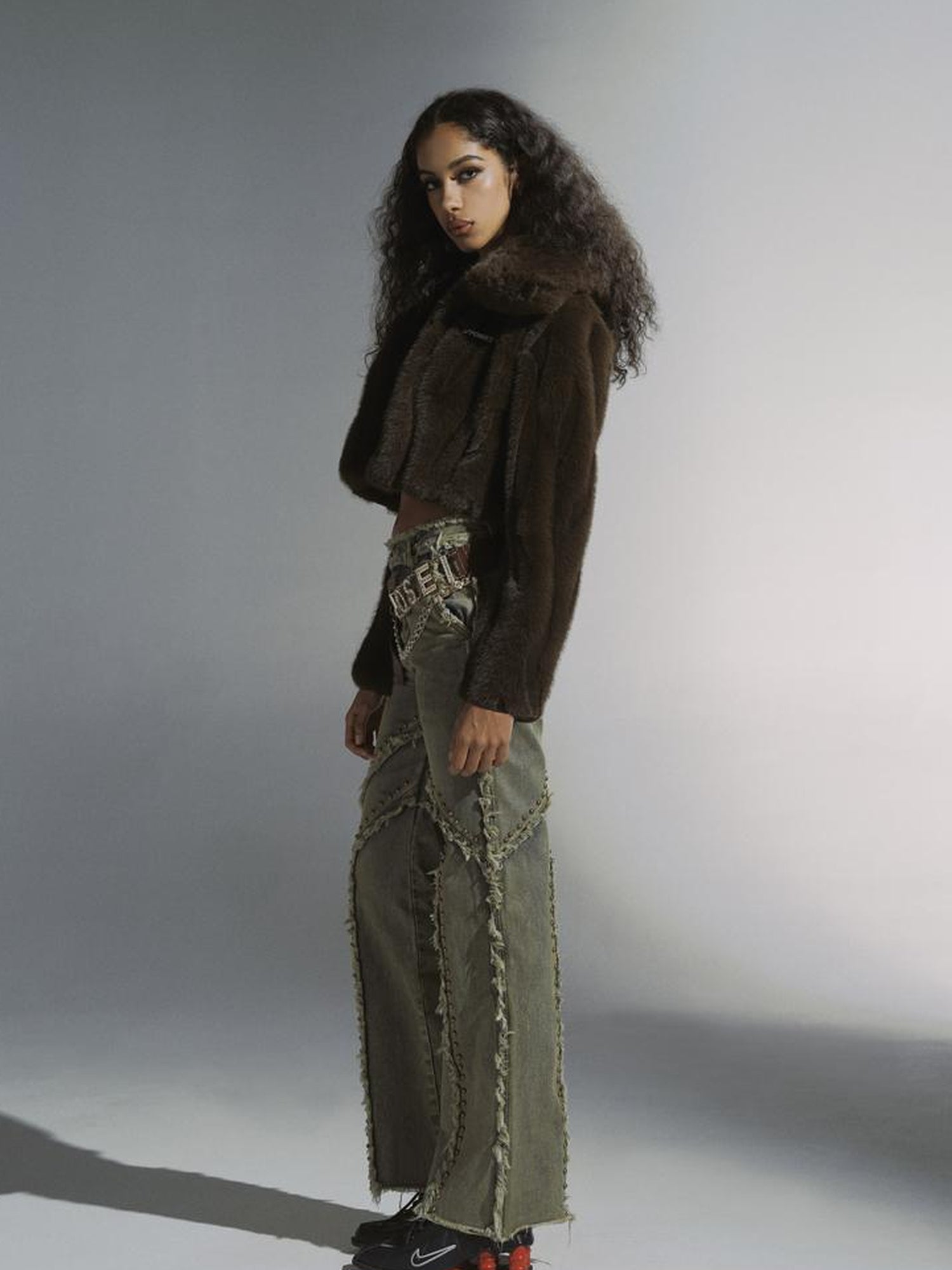 JYOSEI Brown Green Sheen Short Fuzzy Cropped Jacket With Large Collar