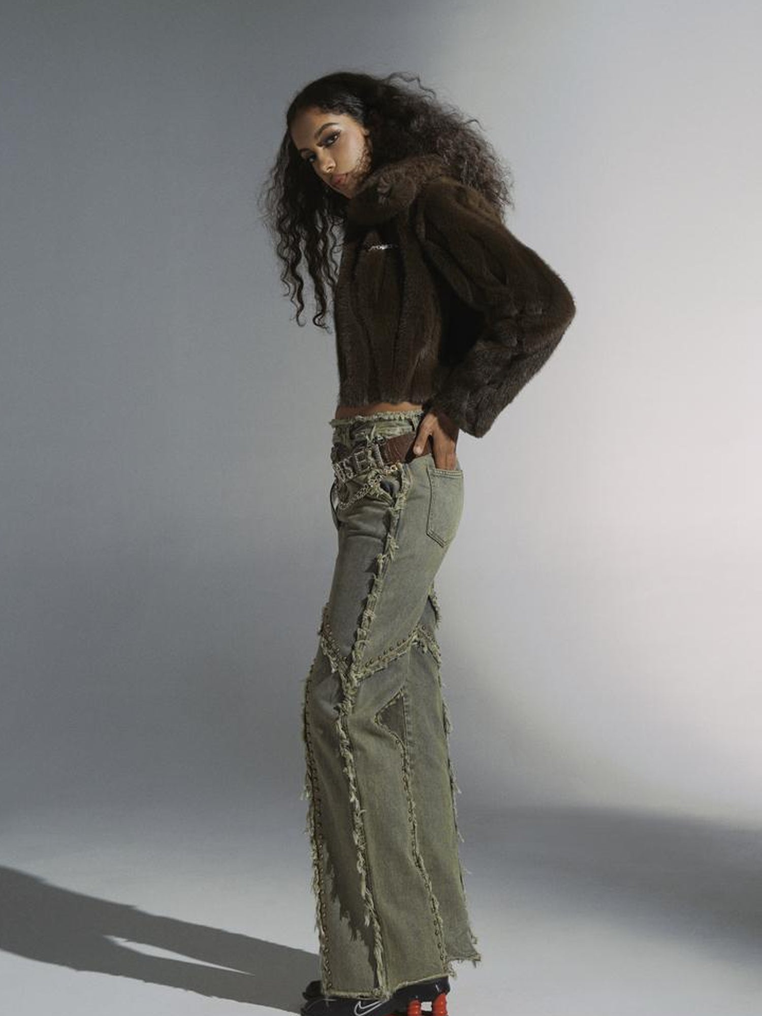 JYOSEI Brown Green Sheen Short Fuzzy Cropped Jacket With Large Collar