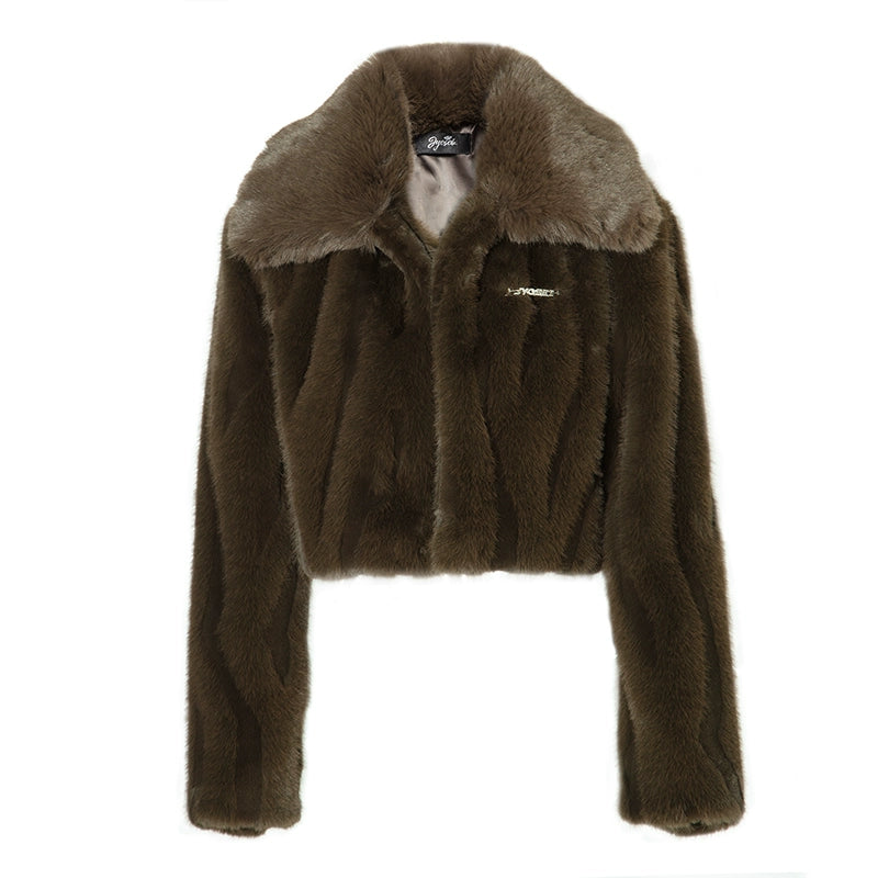 JYOSEI_Brown_Green_Sheen_Short_Fuzzy_Cropped_Jacket_With_Large_Collar_MISSTT