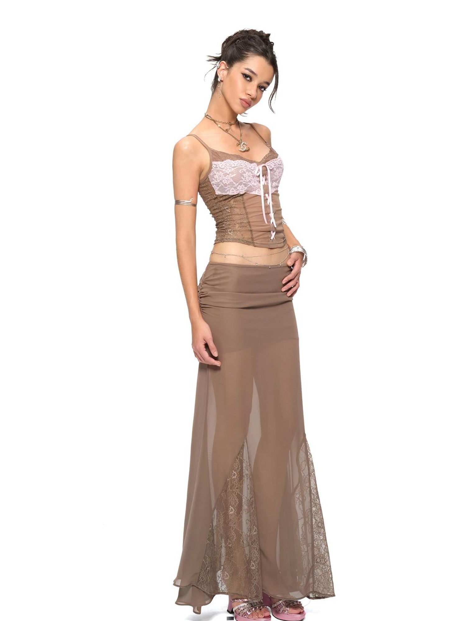 JYOSEI Brown Layered Chiffon Mermaid Maxi Skirt with Lace Trim