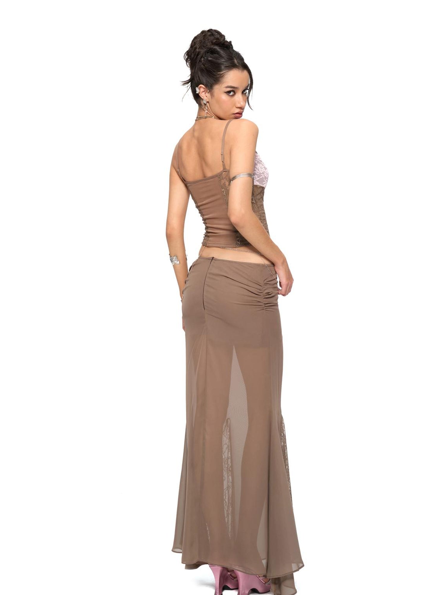 JYOSEI Brown Layered Chiffon Mermaid Maxi Skirt with Lace Trim