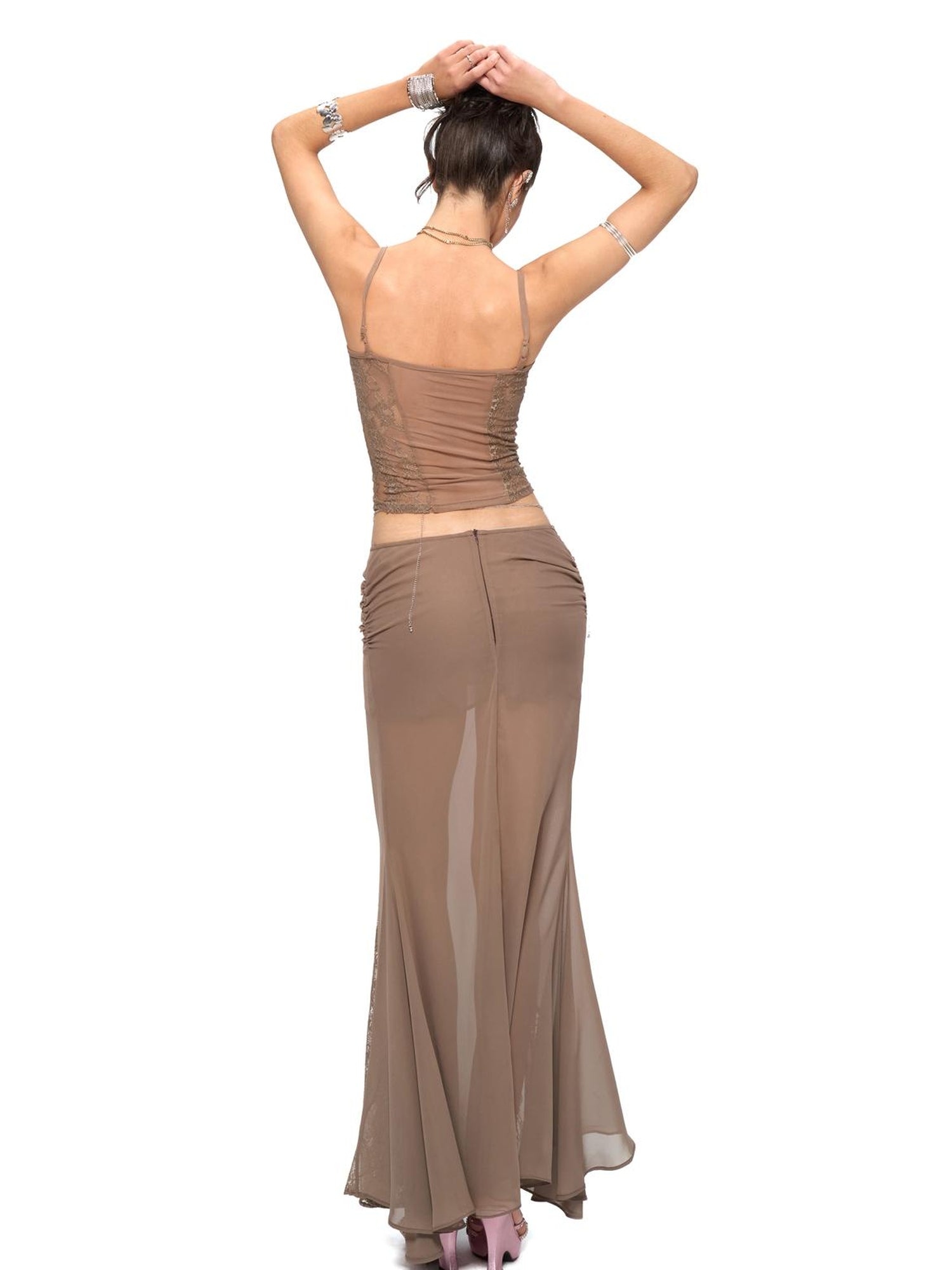 JYOSEI Brown Layered Chiffon Mermaid Maxi Skirt with Lace Trim