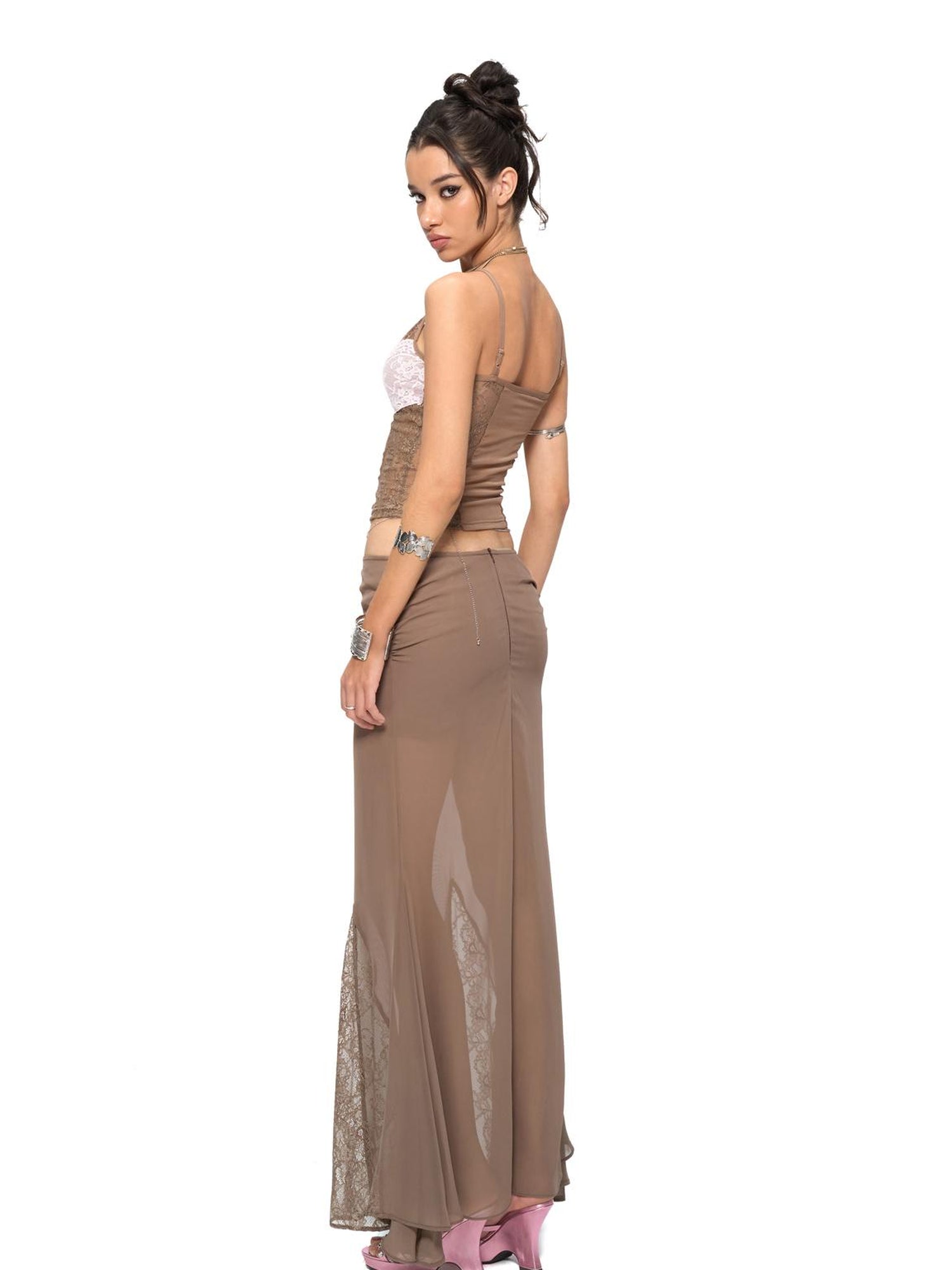 JYOSEI Brown Layered Chiffon Mermaid Maxi Skirt with Lace Trim